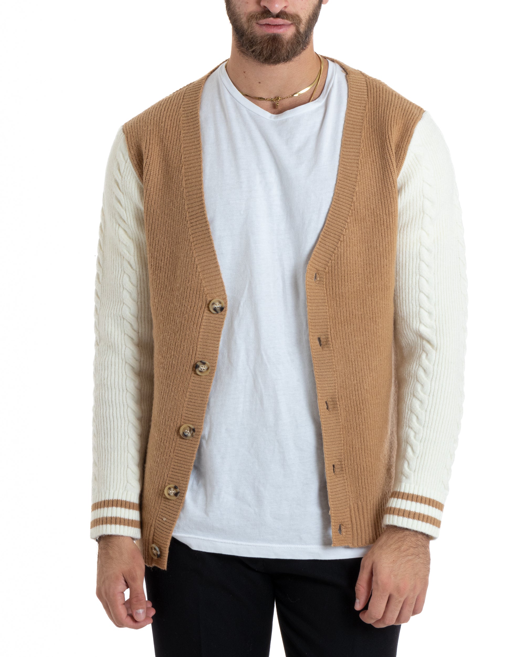 Cardigan Uomo Giacca Con Bottoni Maglia Inglese Maglioncino Trecce Camel Casual GIOSAL-M2743A