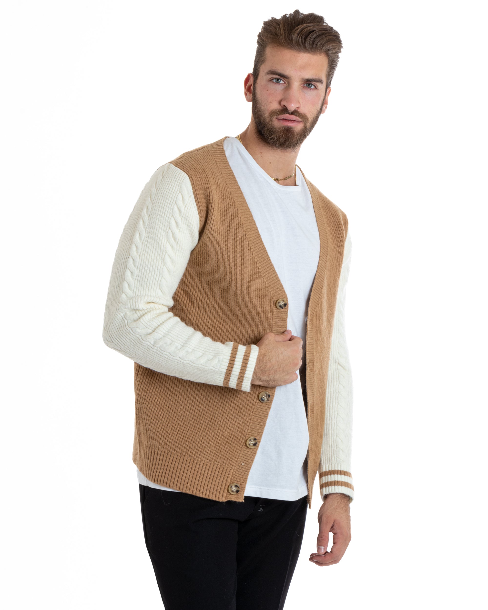 Cardigan Uomo Giacca Con Bottoni Maglia Inglese Maglioncino Trecce Camel Casual GIOSAL-M2743A