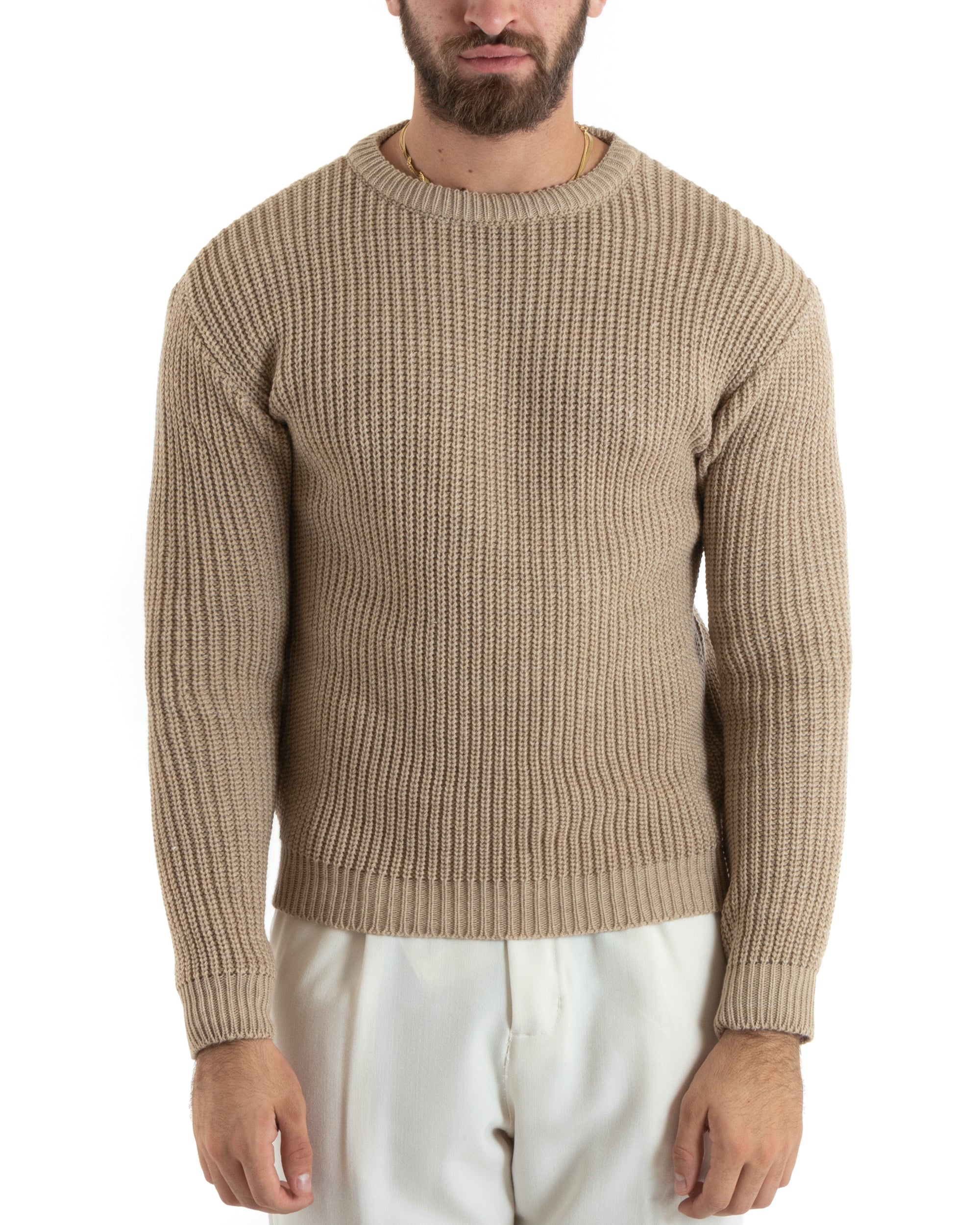 Paul Barrell Men's Pullover Sweater Solid Color Beige Crewneck Casual GIOSAL M2359A
