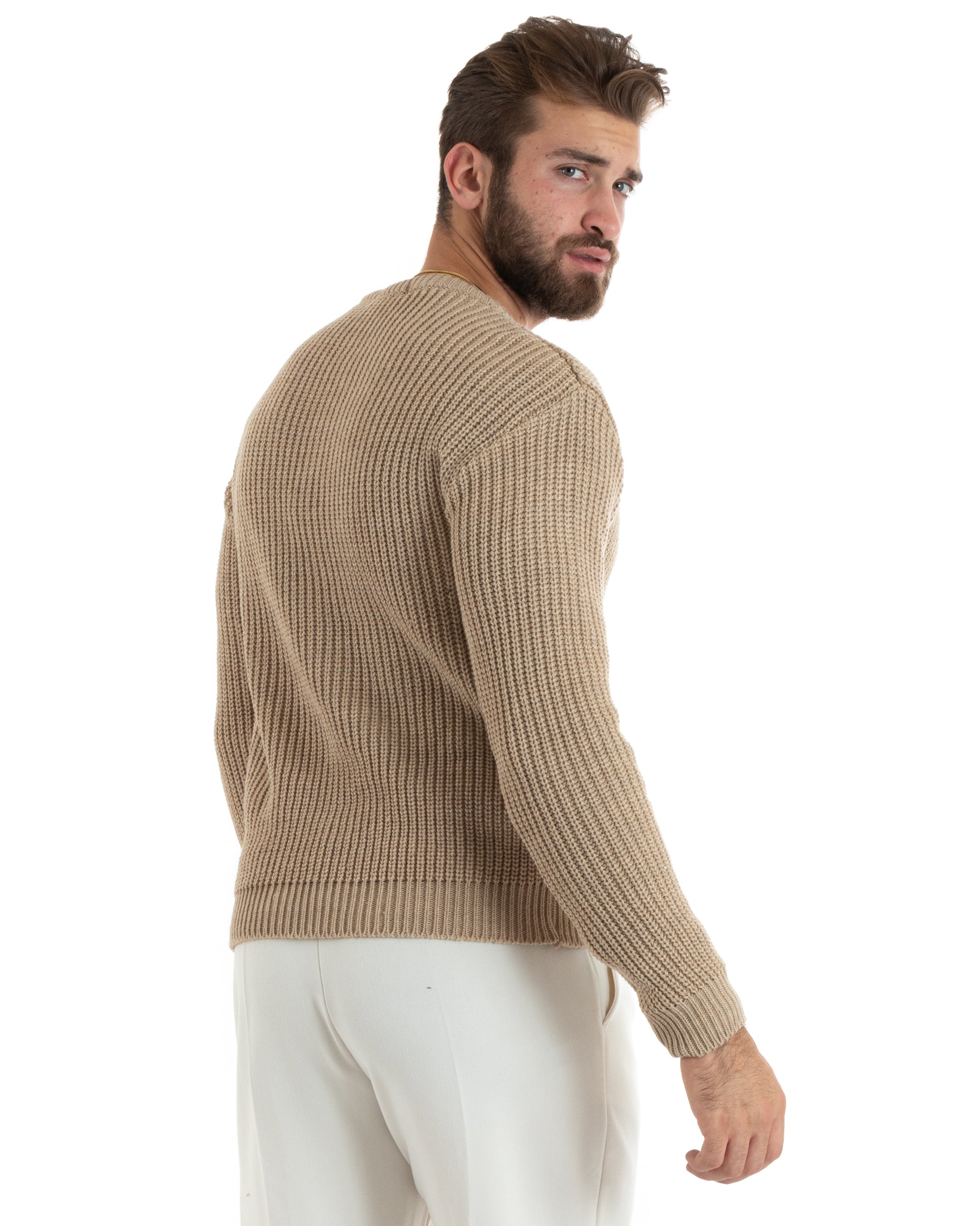 Paul Barrell Men's Pullover Sweater Solid Color Beige Crewneck Casual GIOSAL M2359A