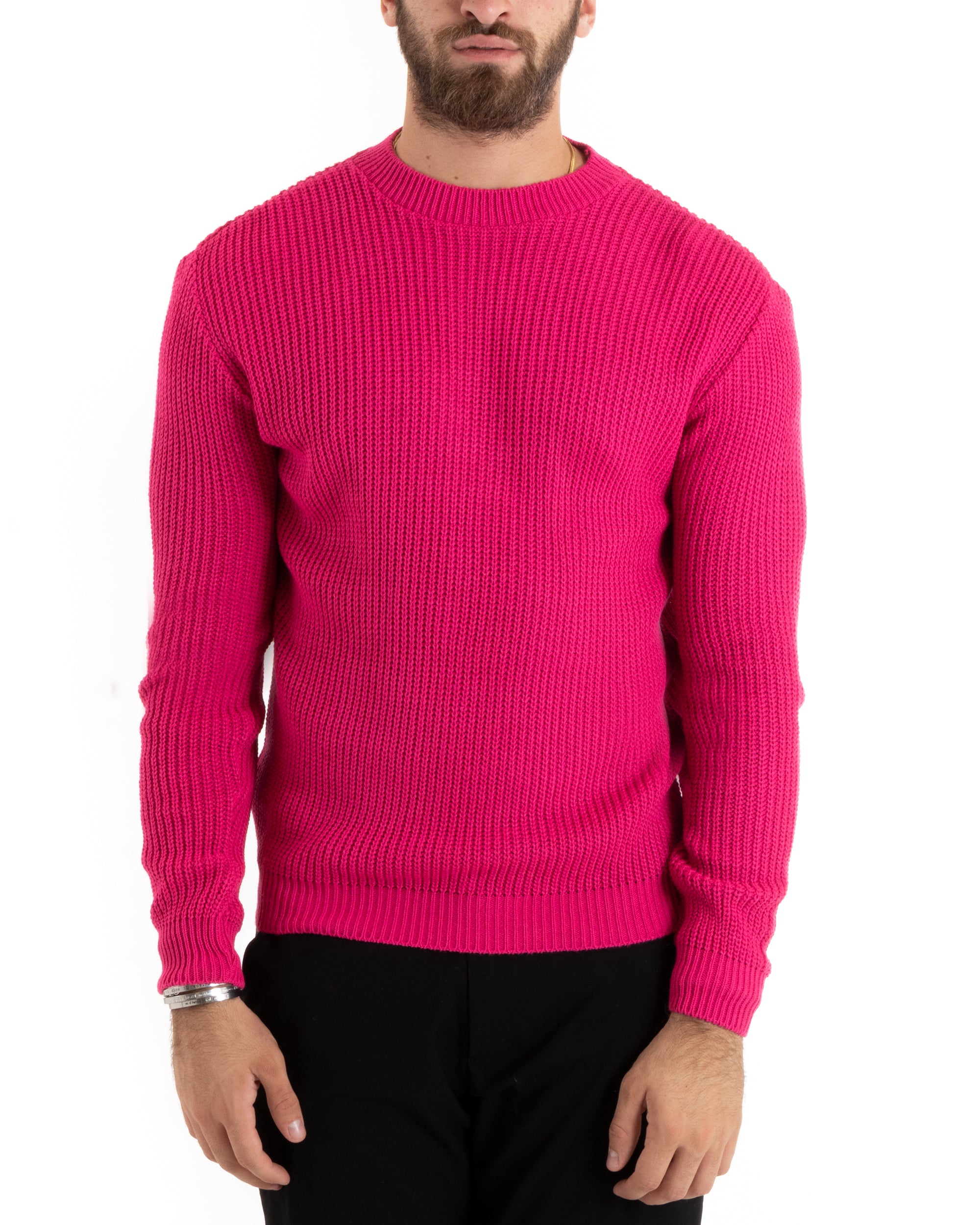 Maglioncino Uomo Girocollo Tinta Unita Fucsia Fluo Maglia Inglese Basic GIOSAL-M2761A