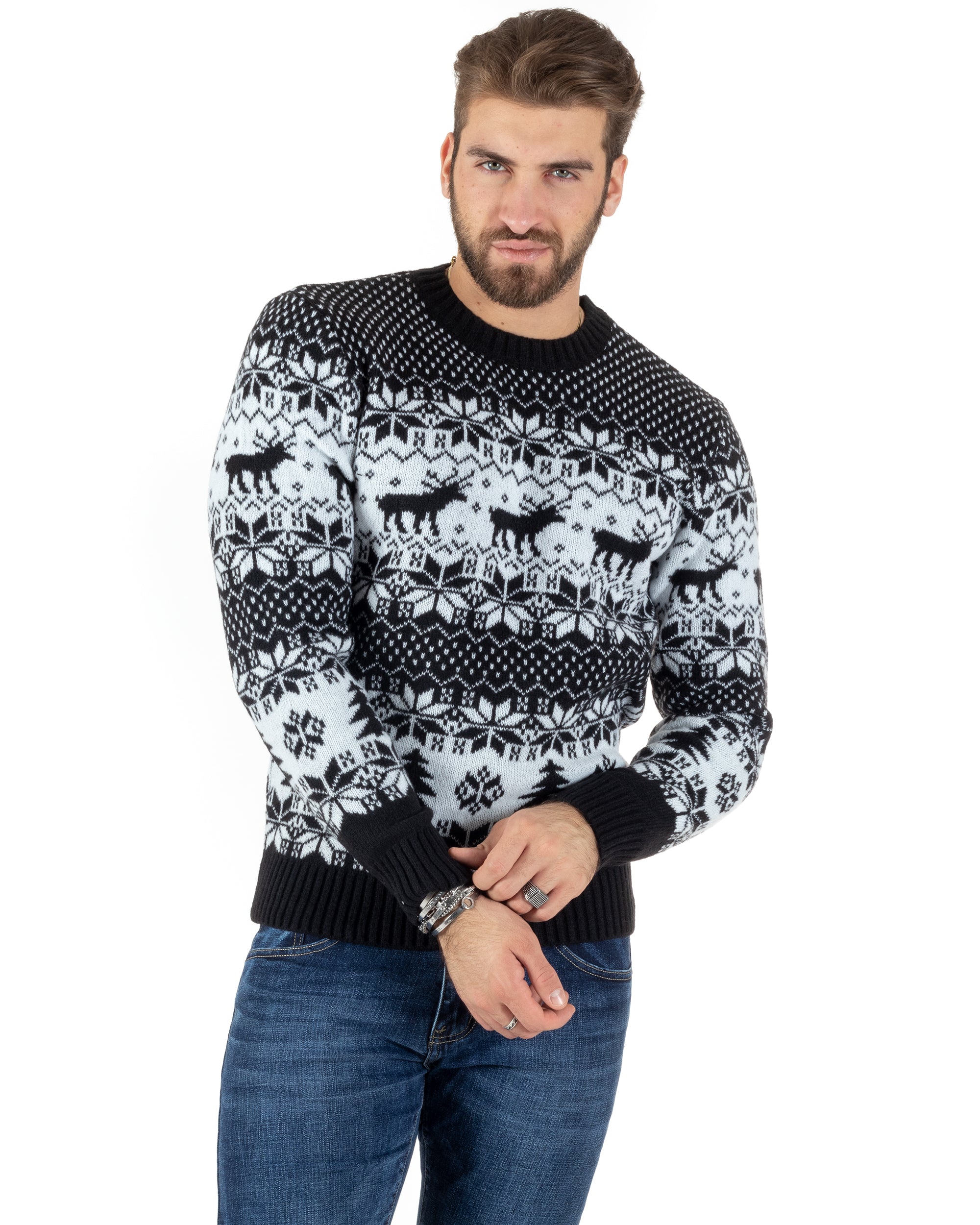 Maglione Uomo Natalizio Girocollo Maglia Calda Fantasia Casual Pullover Natalizio Morbido Nero GIOSAL-M2775A