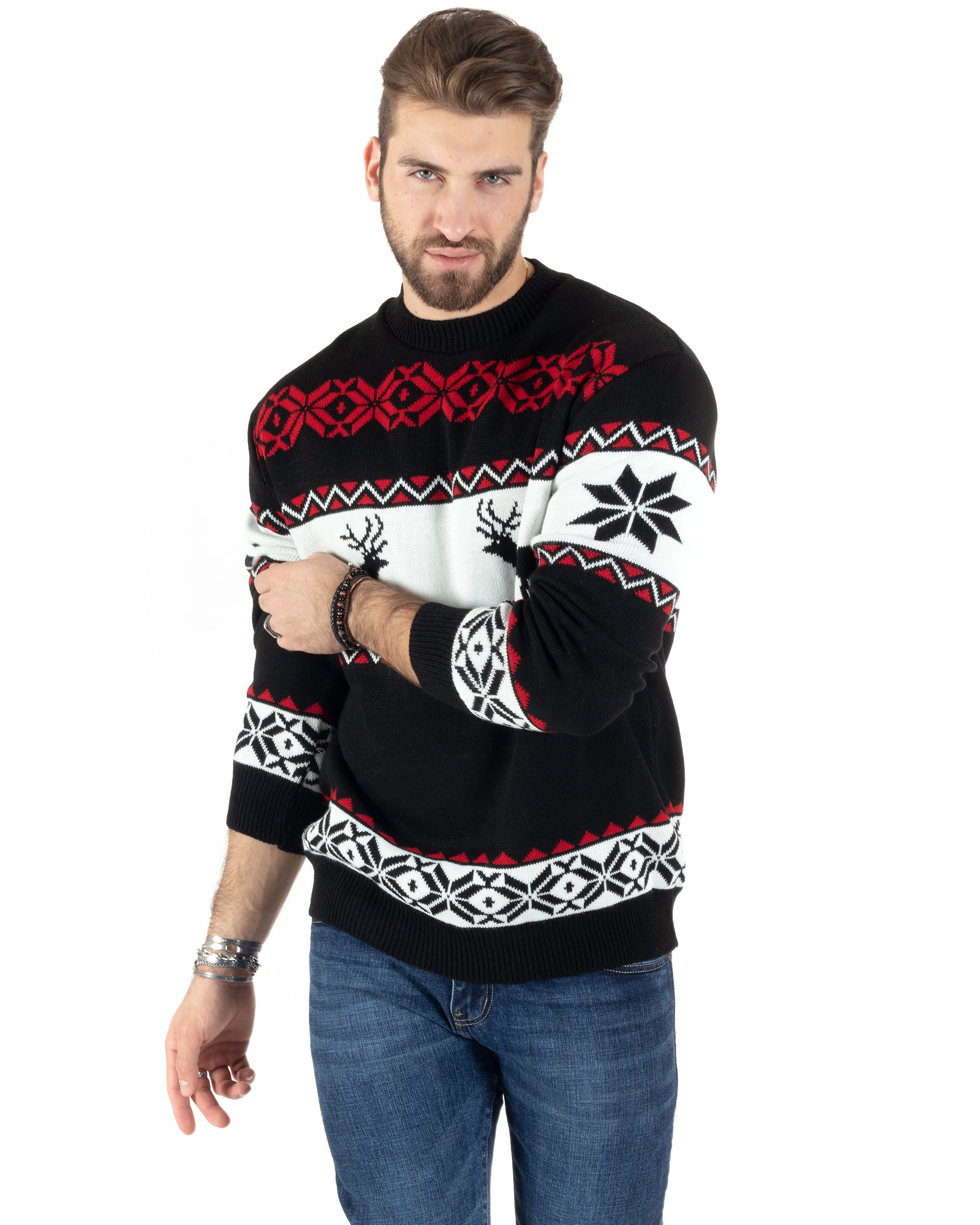 Maglione Uomo Natalizio Girocollo Maglia Calda Fantasia Casual Pullover Natalizio Morbido Nero GIOSAL-M2778A