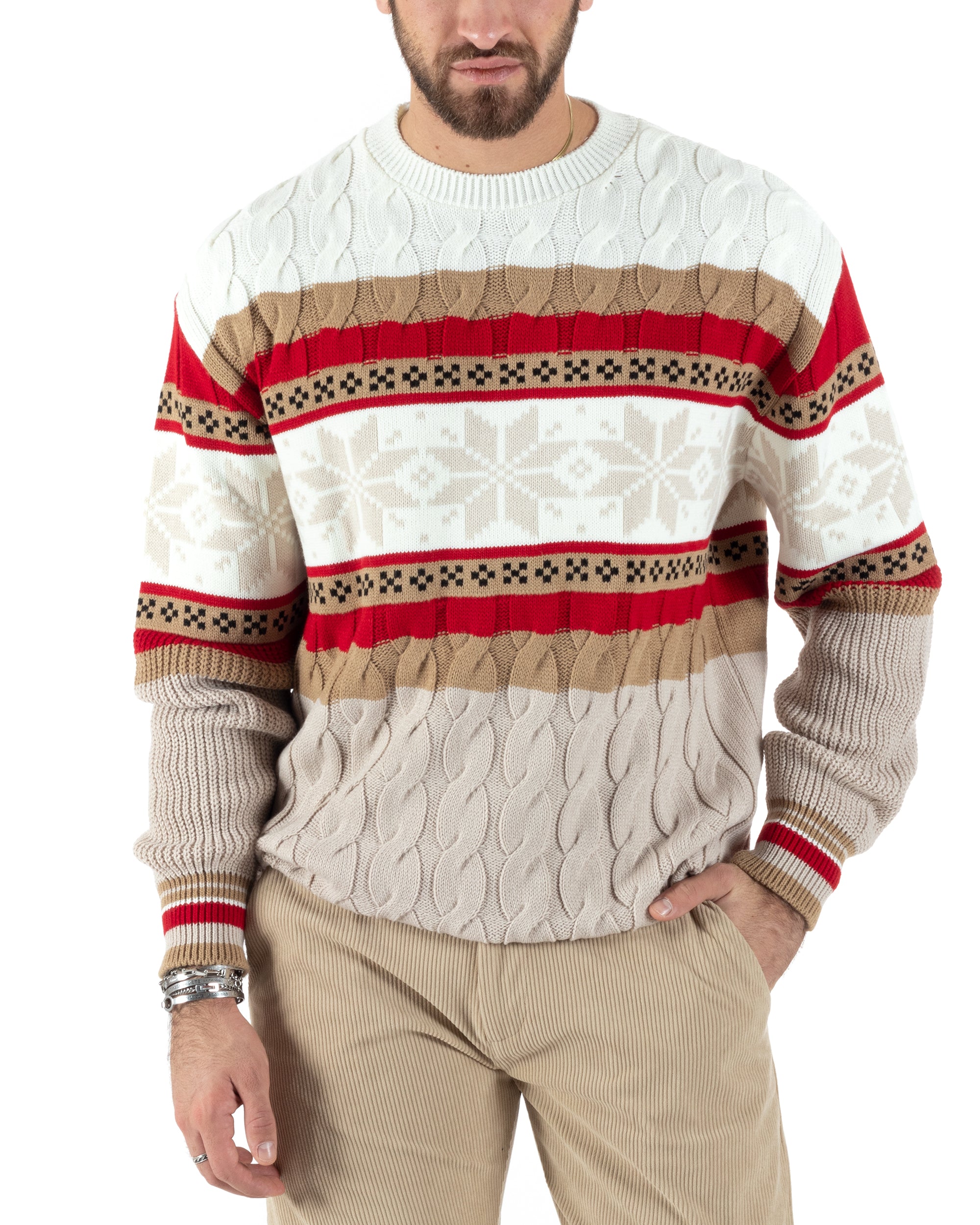 Maglione Uomo Fantasia Trecce Girocollo Maglia Bicolore Casual Pullover Caldo Morbido Beige GIOSAL-M2779A