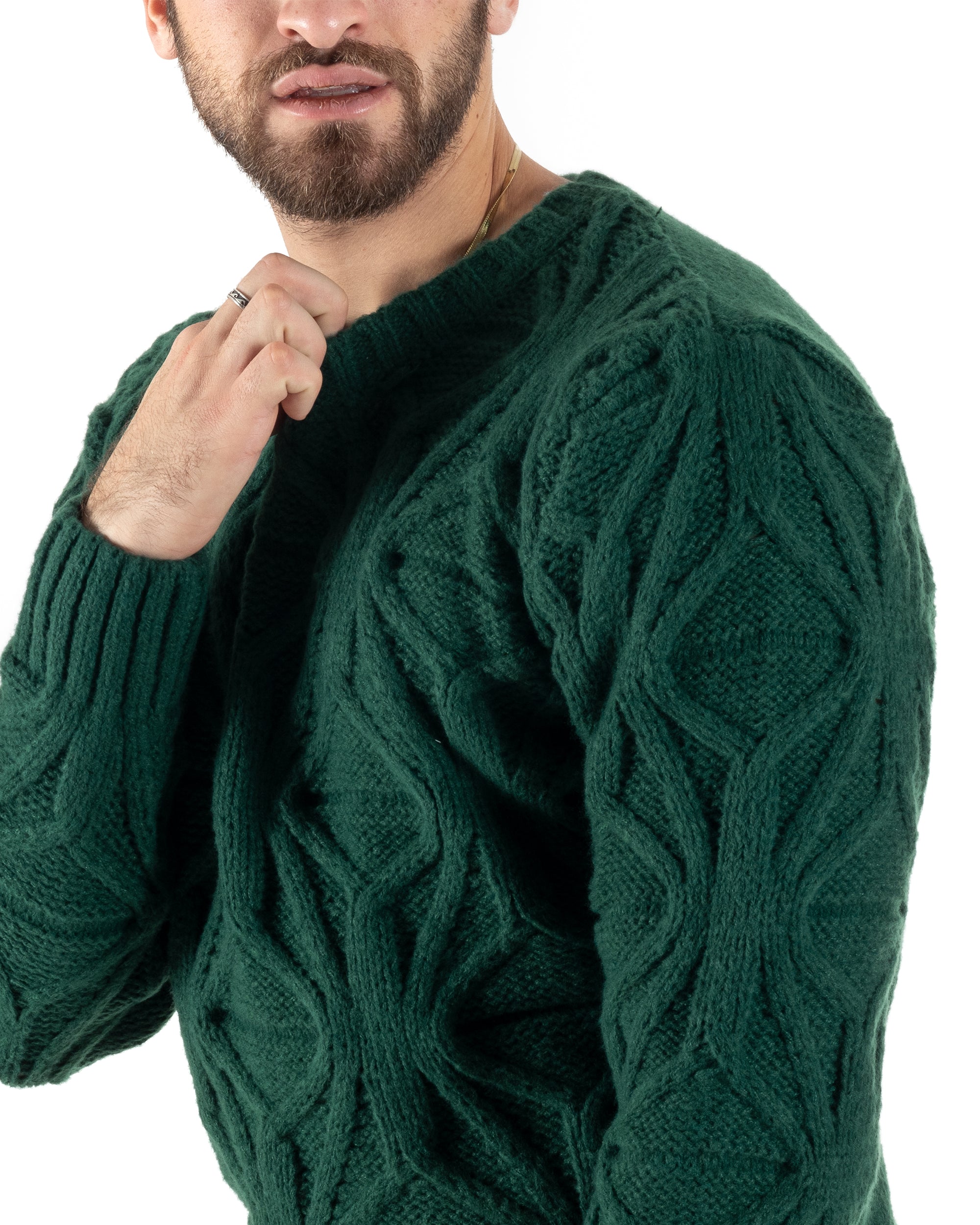 Maglioncino Uomo Girocollo Maglia Inglese Maglione Trecce Rombi Verde GIOSAL-M2787A