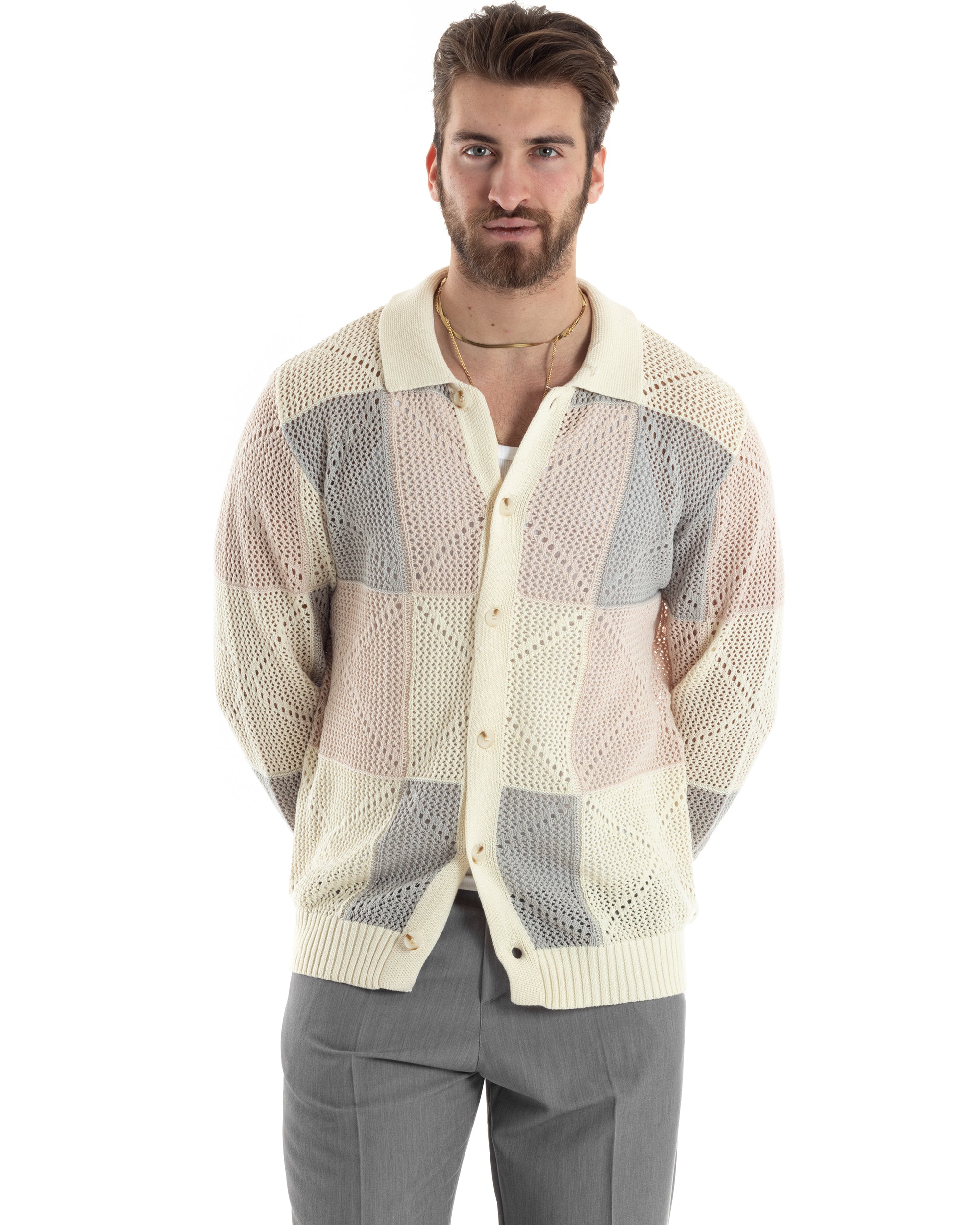 Men's Cardigan Korean Collar Single-breasted Sweater Knit Jacket With Buttons Casual Cream GIOSAL-M2668A