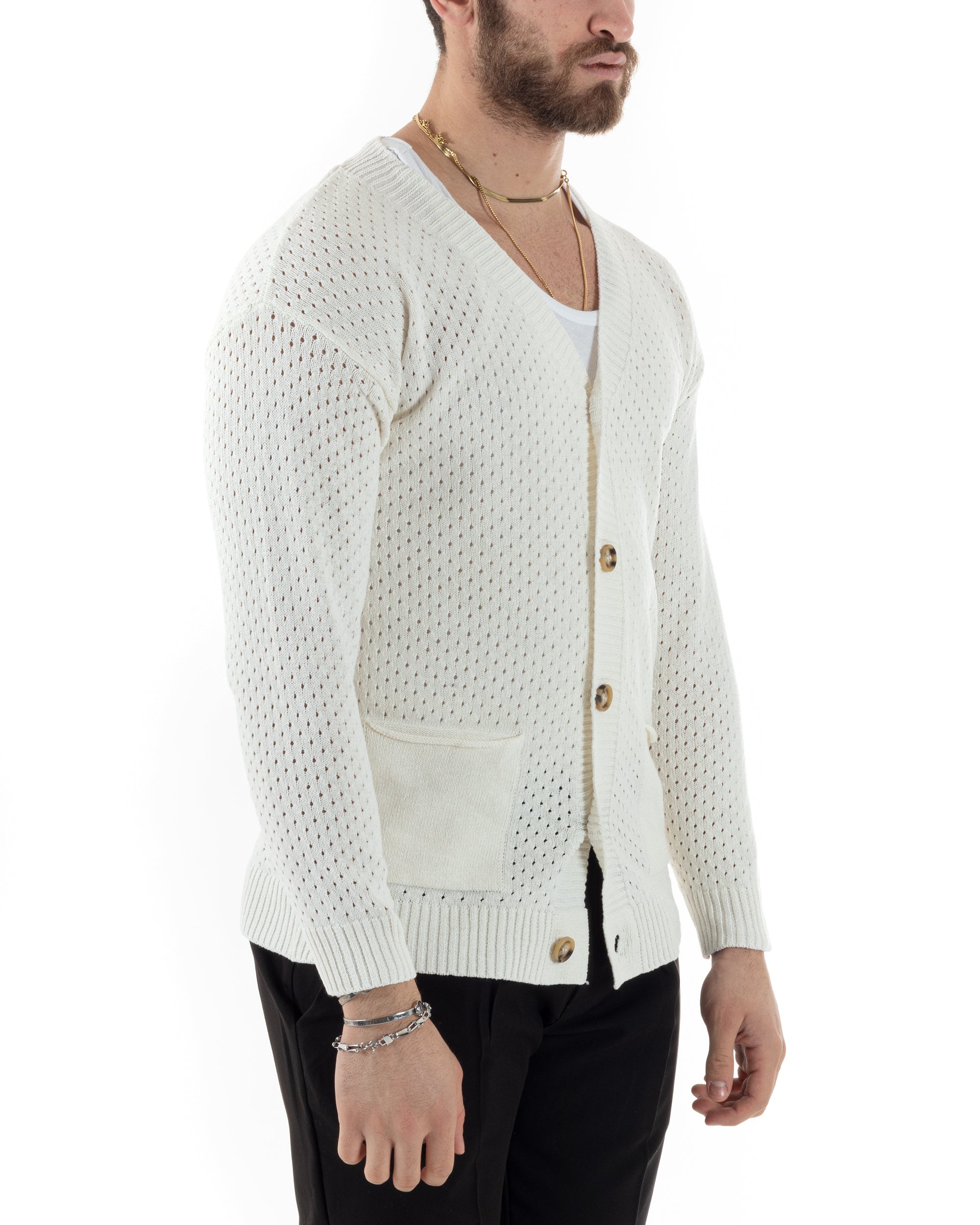 Men's Cardigan Korean Collar Single-breasted Sweater Knit Jacket With Buttons Casual Cream GIOSAL-M2668A