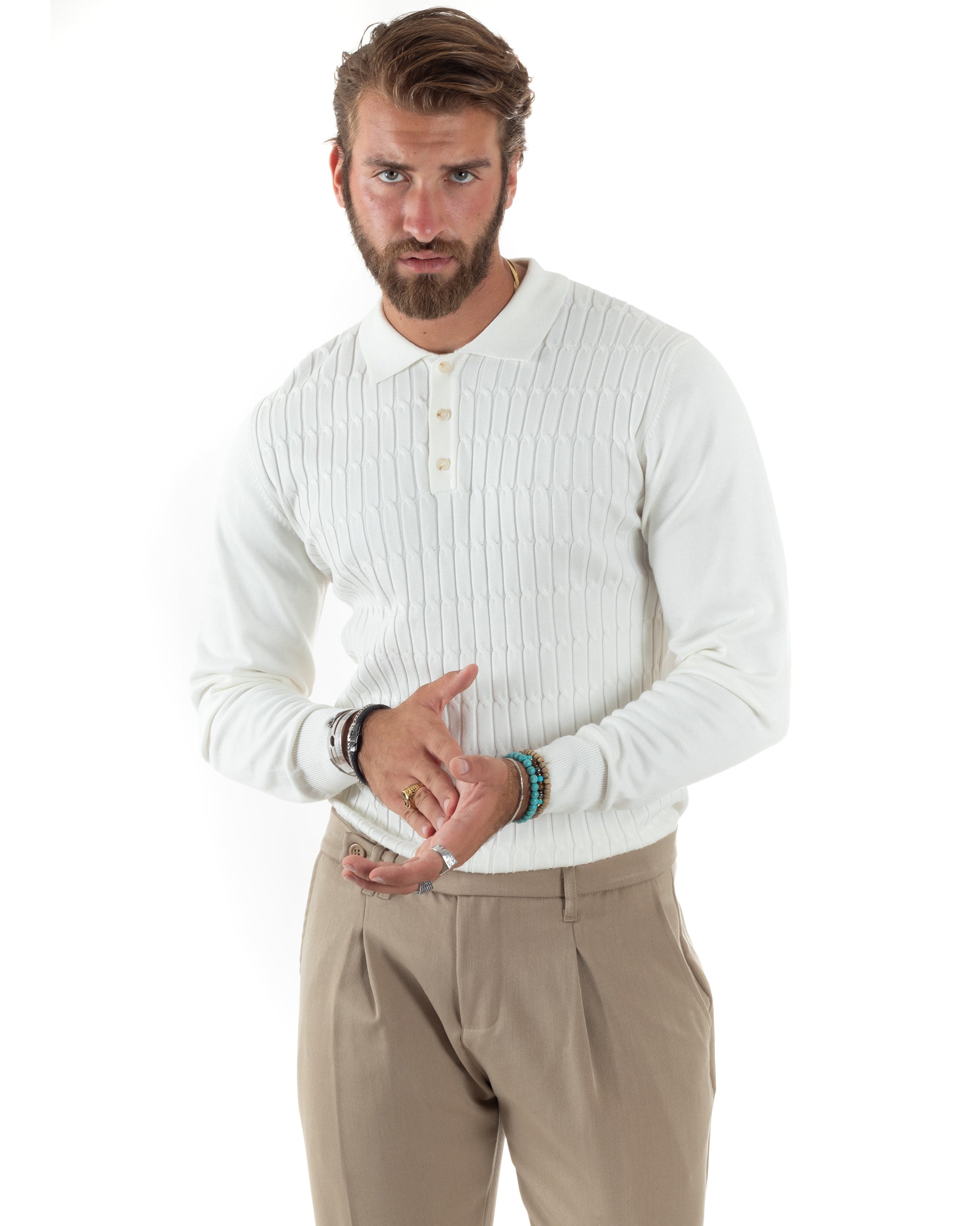 Maglia Uomo Con Colletto Polo Maglioncino Con Bottoncini Fantasia Trecce Bianco GIOSAL-M2836A