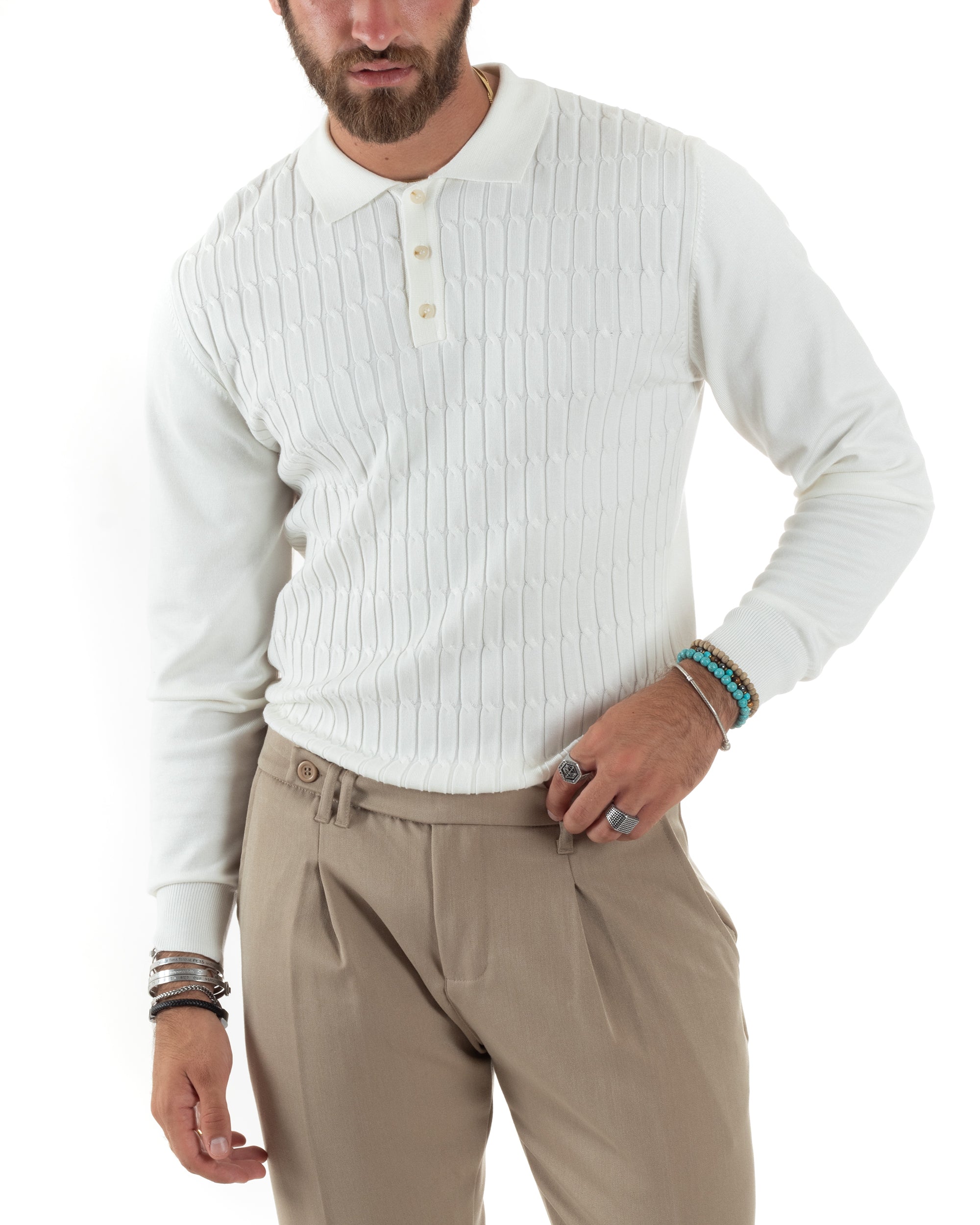 Maglia Uomo Con Colletto Polo Maglioncino Con Bottoncini Fantasia Trecce Bianco GIOSAL-M2836A