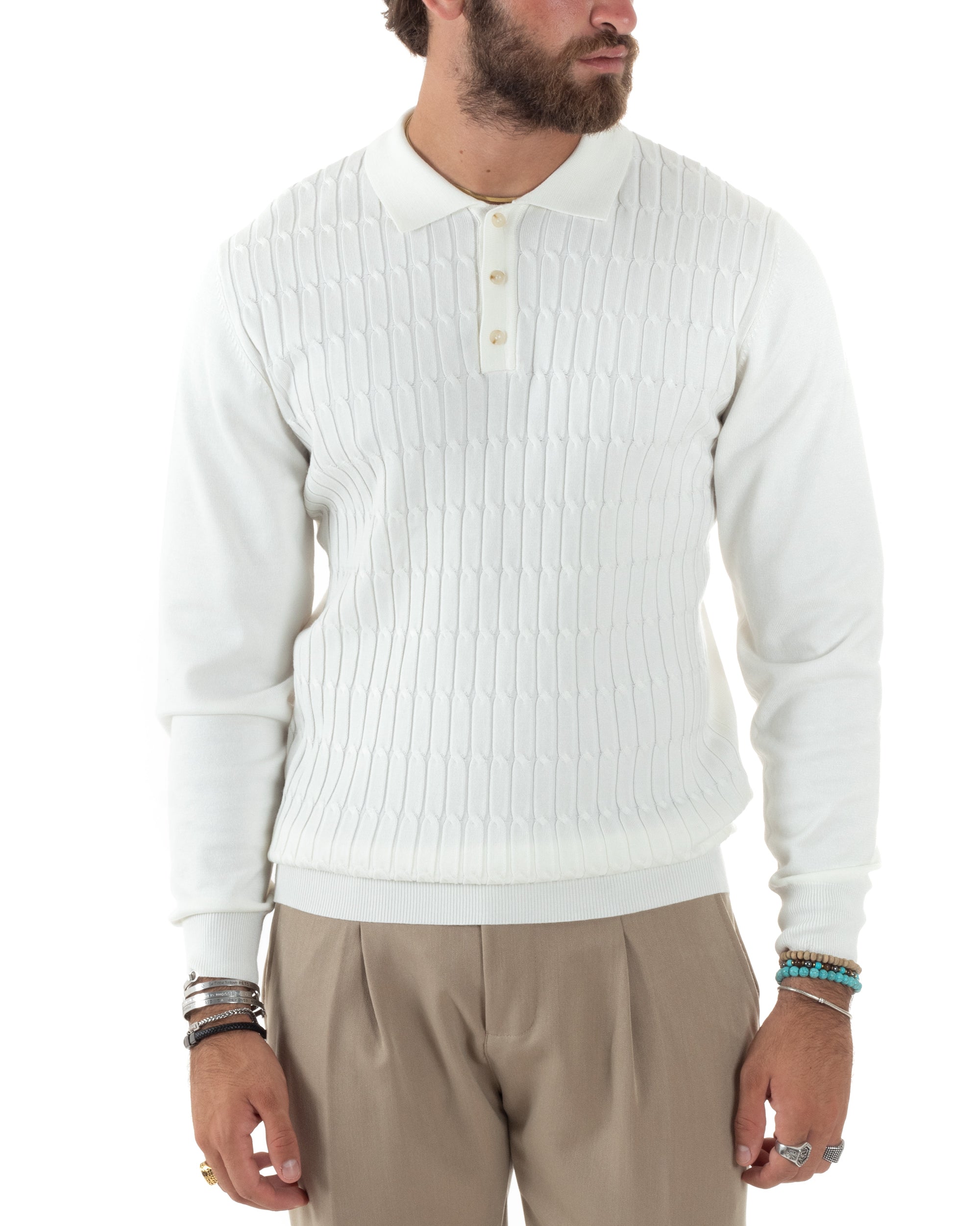 Maglia Uomo Con Colletto Polo Maglioncino Con Bottoncini Fantasia Trecce Bianco GIOSAL-M2836A