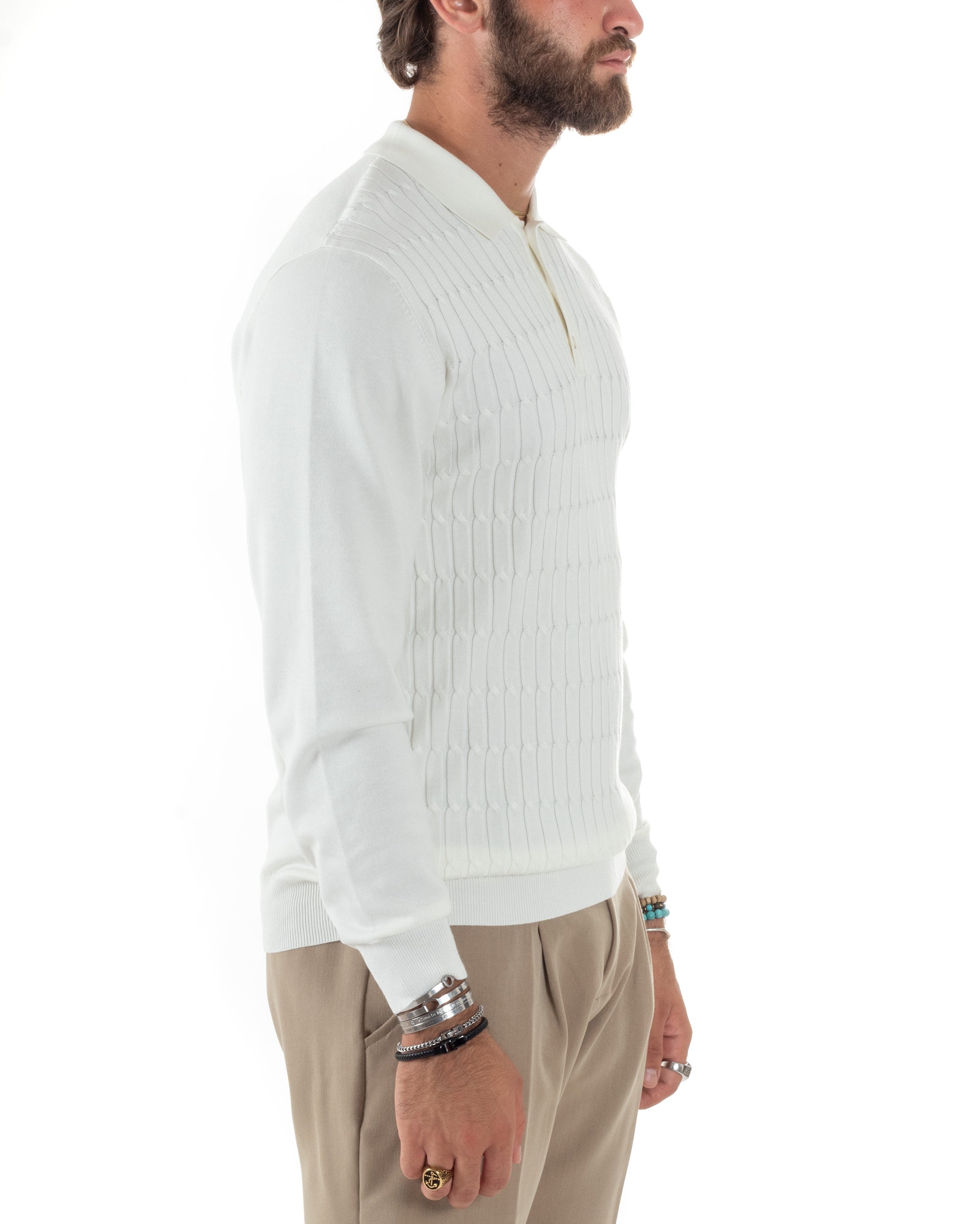 Maglia Uomo Con Colletto Polo Maglioncino Con Bottoncini Fantasia Trecce Bianco GIOSAL-M2836A