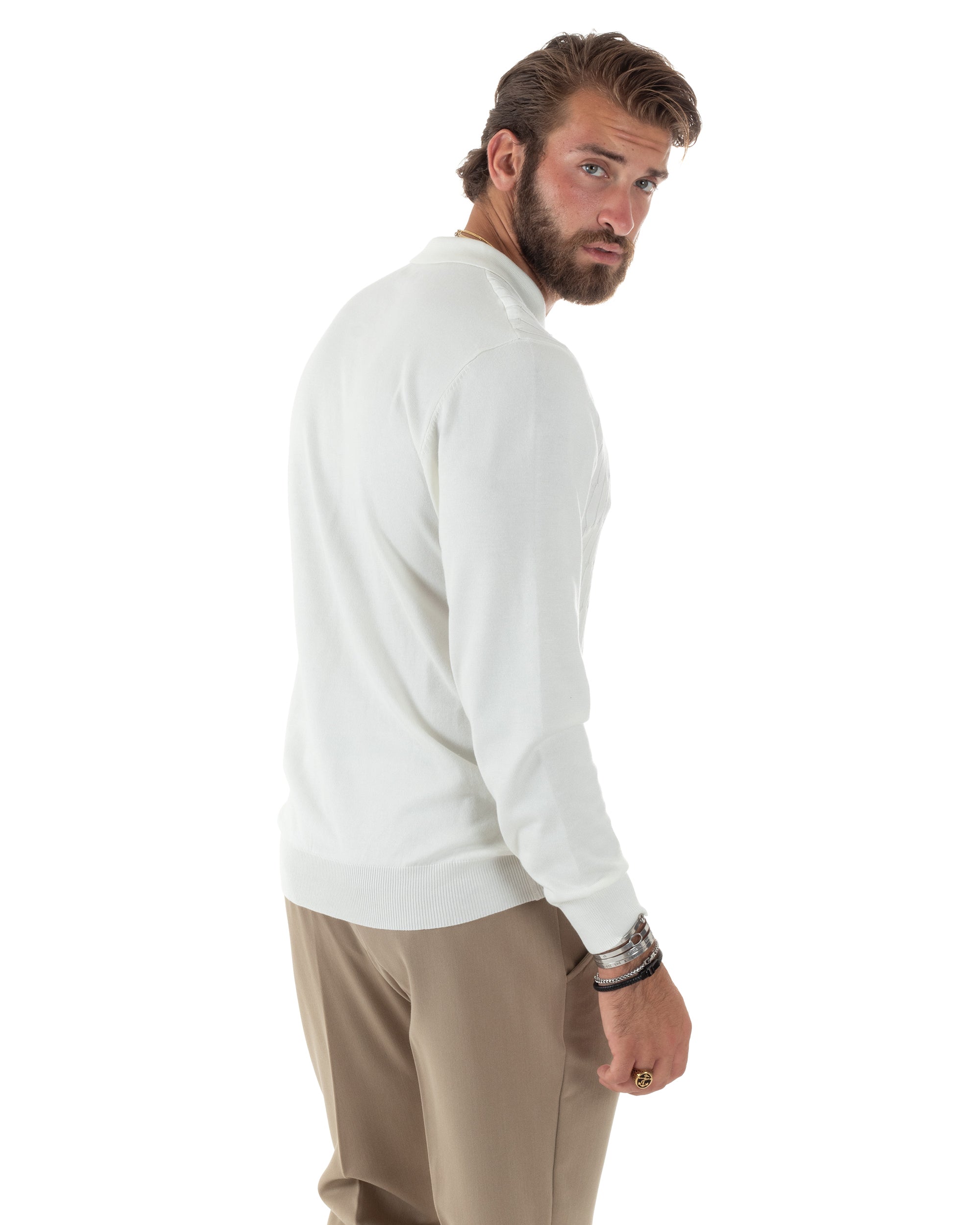 Maglia Uomo Con Colletto Polo Maglioncino Con Bottoncini Fantasia Trecce Bianco GIOSAL-M2836A