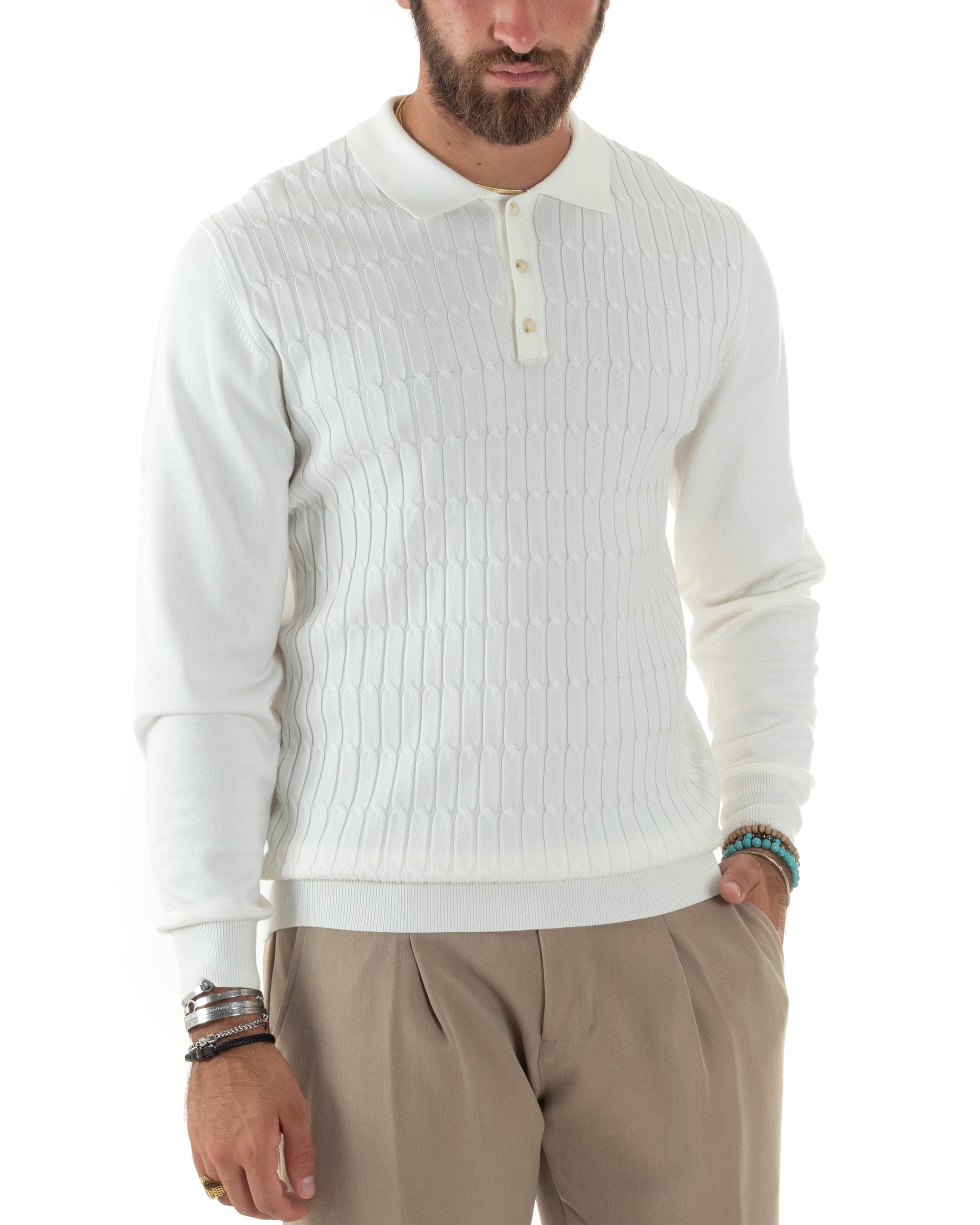 Maglia Uomo Con Colletto Polo Maglioncino Con Bottoncini Fantasia Trecce Bianco GIOSAL-M2836A