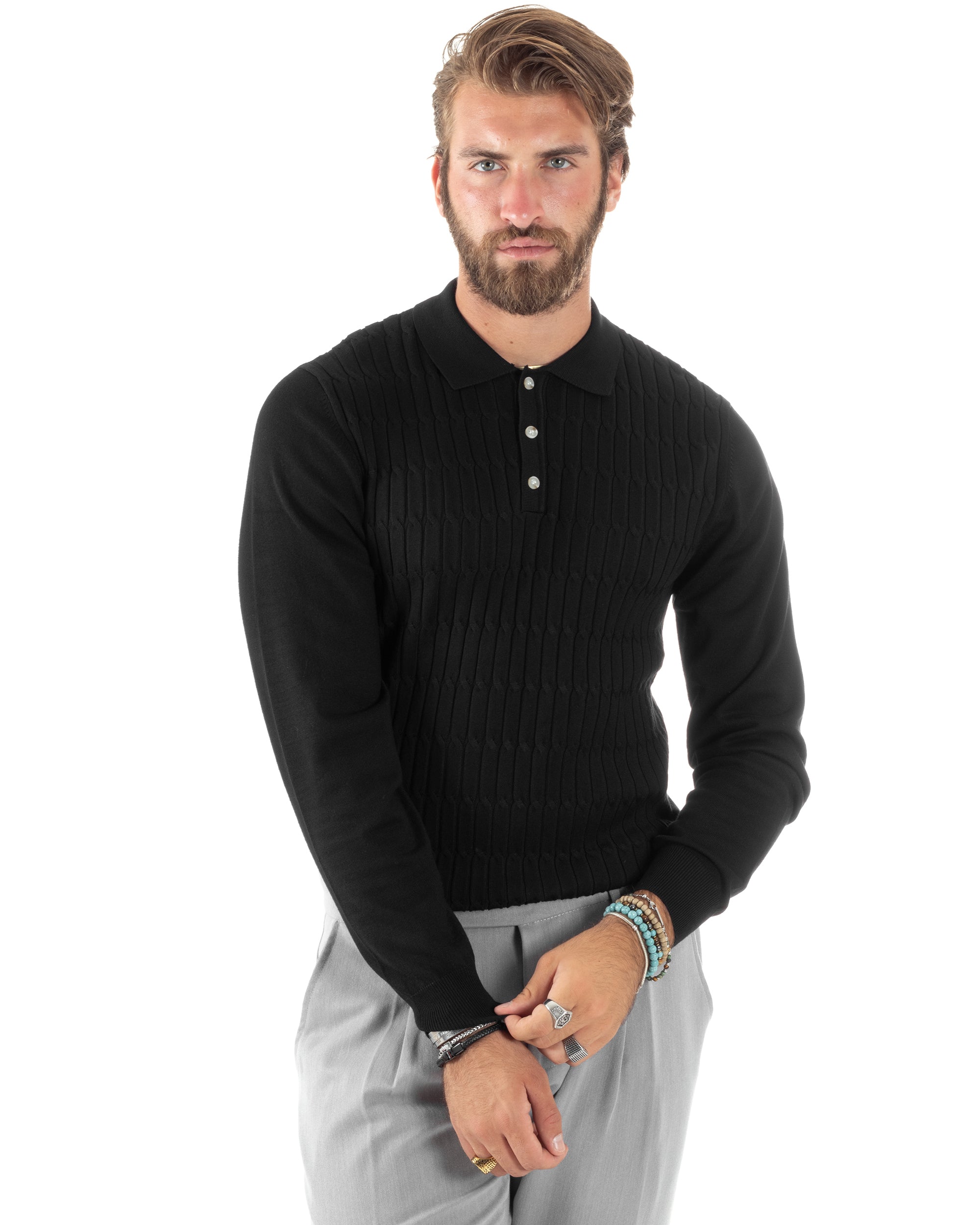 Maglia Uomo Con Colletto Polo Maglioncino Con Bottoncini Fantasia Trecce Nero GIOSAL-M2837A