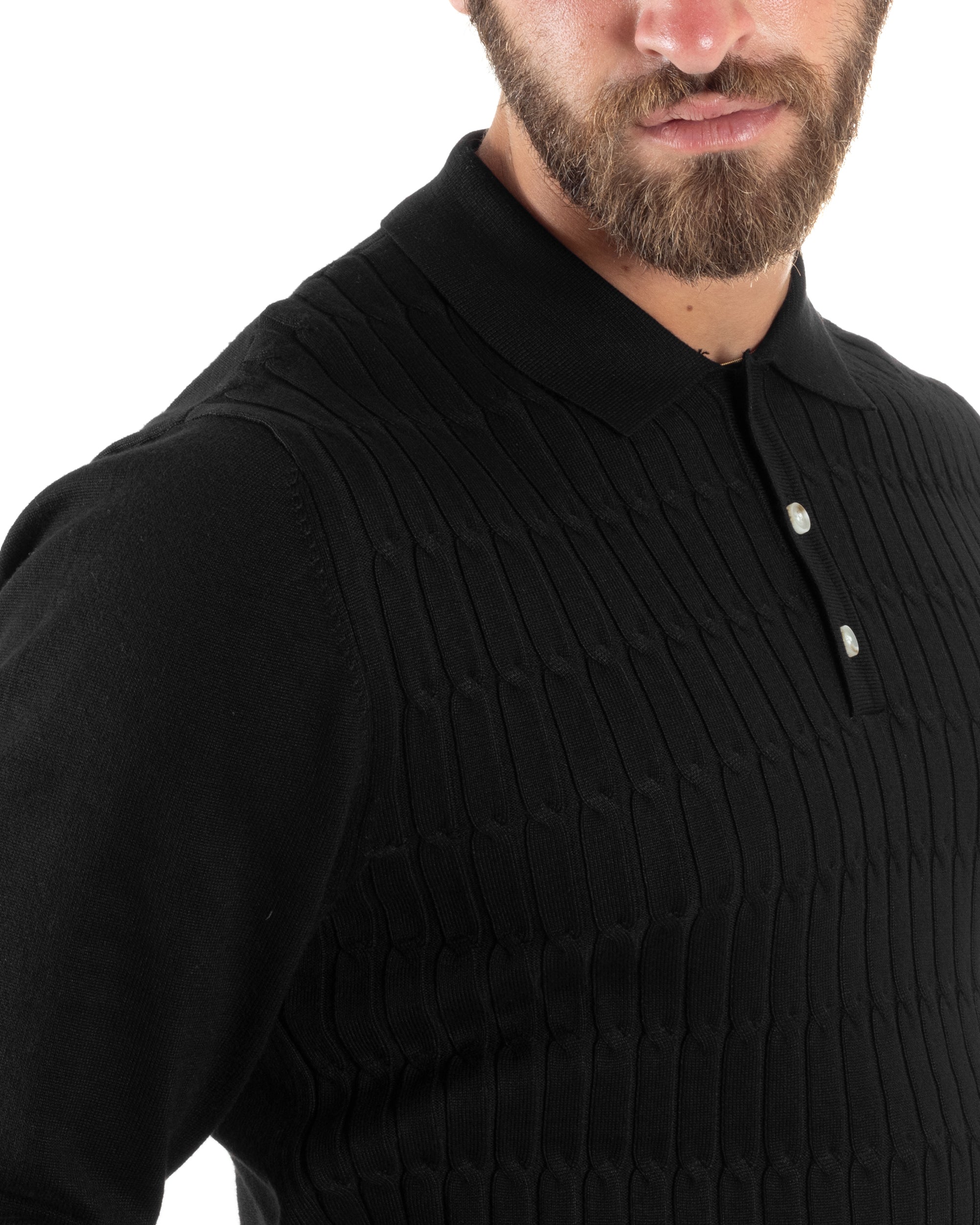 Maglia Uomo Con Colletto Polo Maglioncino Con Bottoncini Fantasia Trecce Nero GIOSAL-M2837A