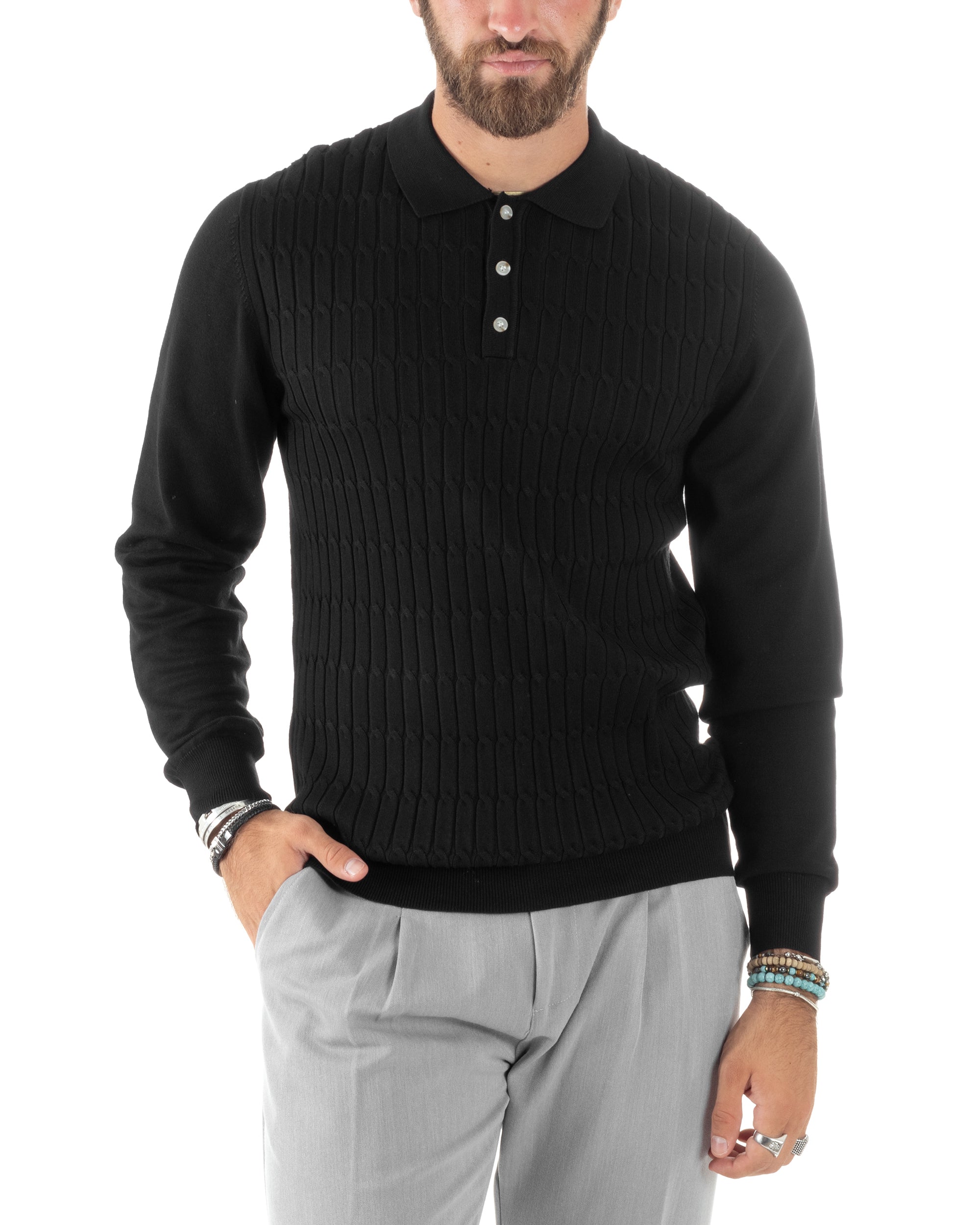 Maglia Uomo Con Colletto Polo Maglioncino Con Bottoncini Fantasia Trecce Nero GIOSAL-M2837A