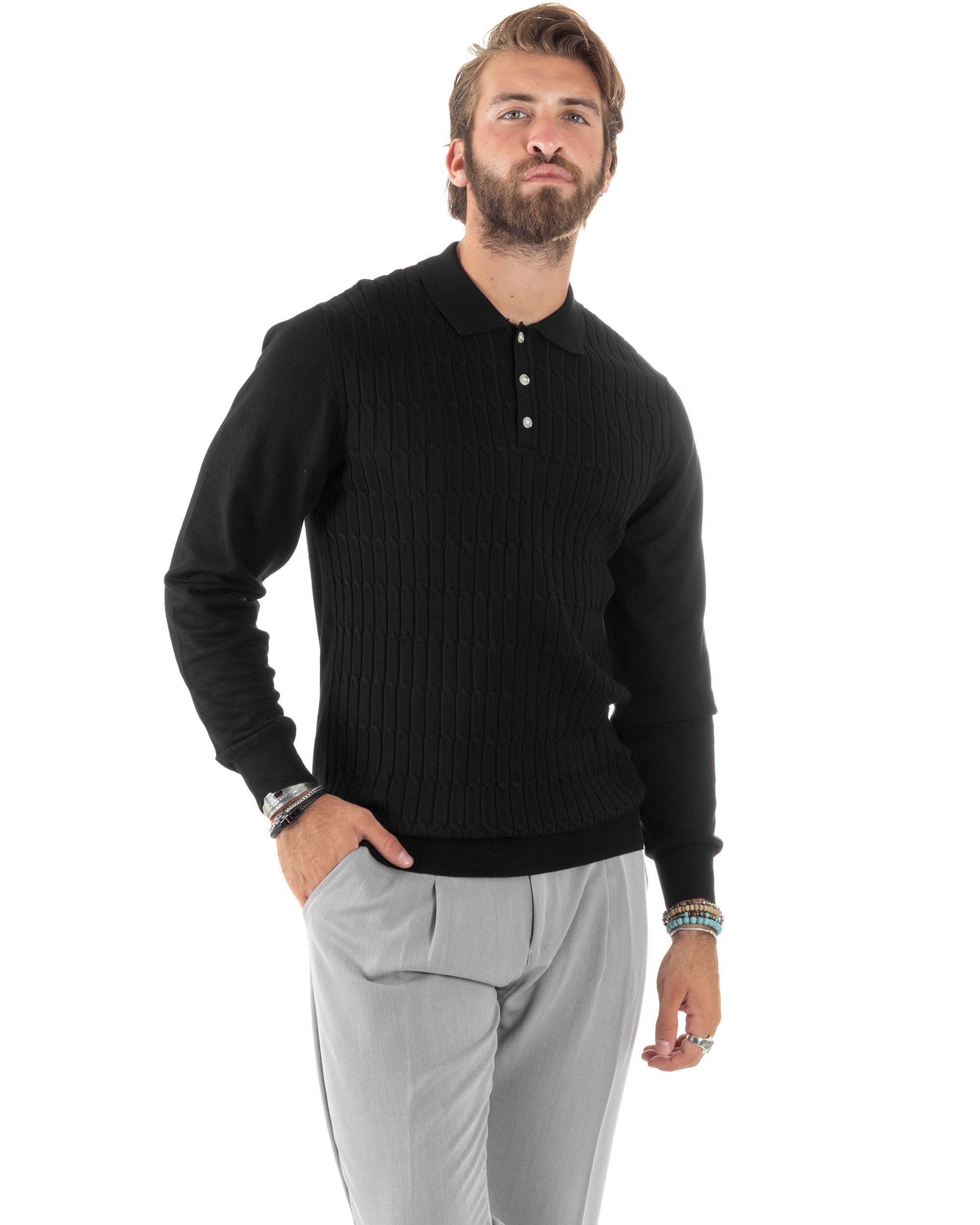 Maglia Uomo Con Colletto Polo Maglioncino Con Bottoncini Fantasia Trecce Nero GIOSAL-M2837A