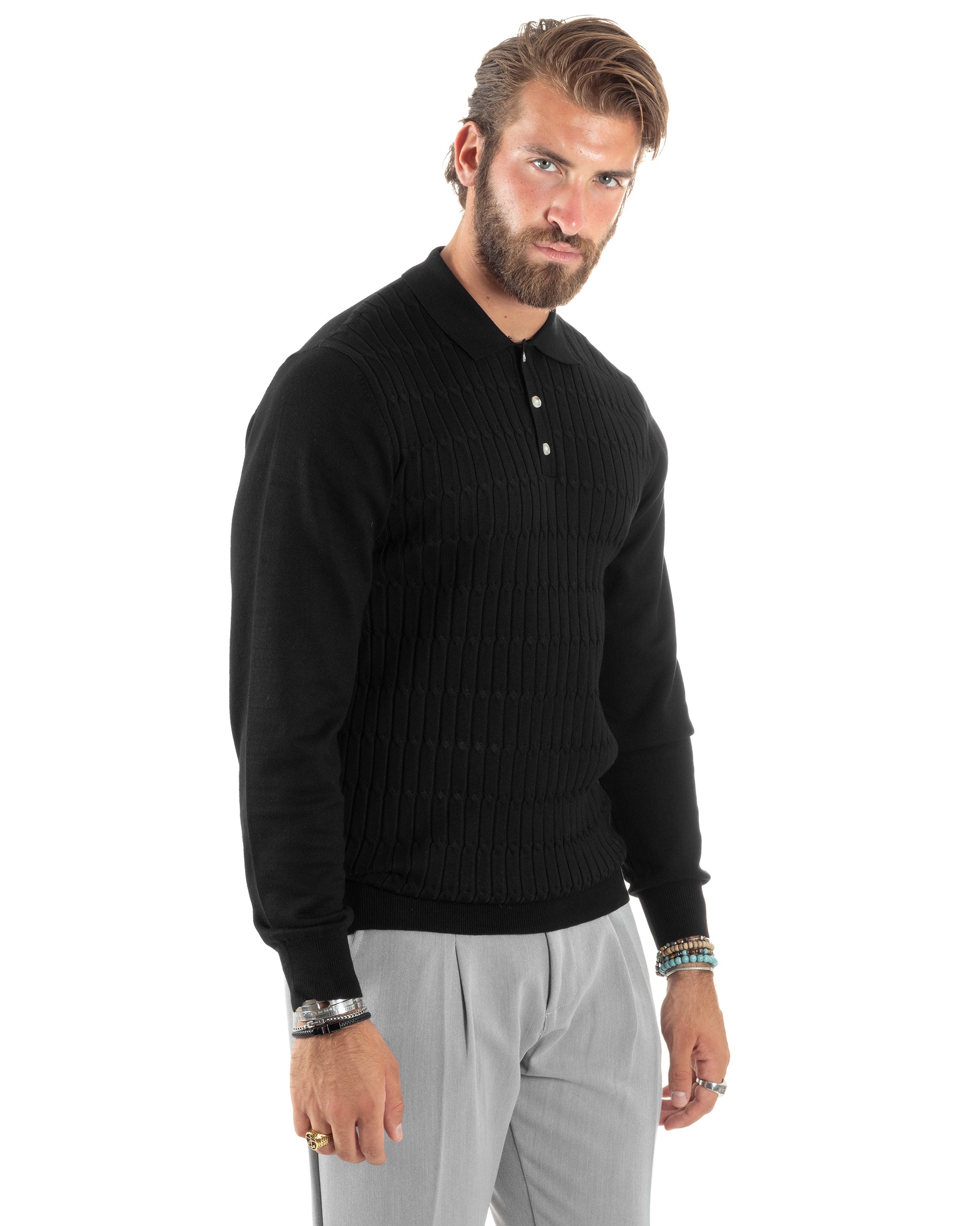 Maglia Uomo Con Colletto Polo Maglioncino Con Bottoncini Fantasia Trecce Nero GIOSAL-M2837A