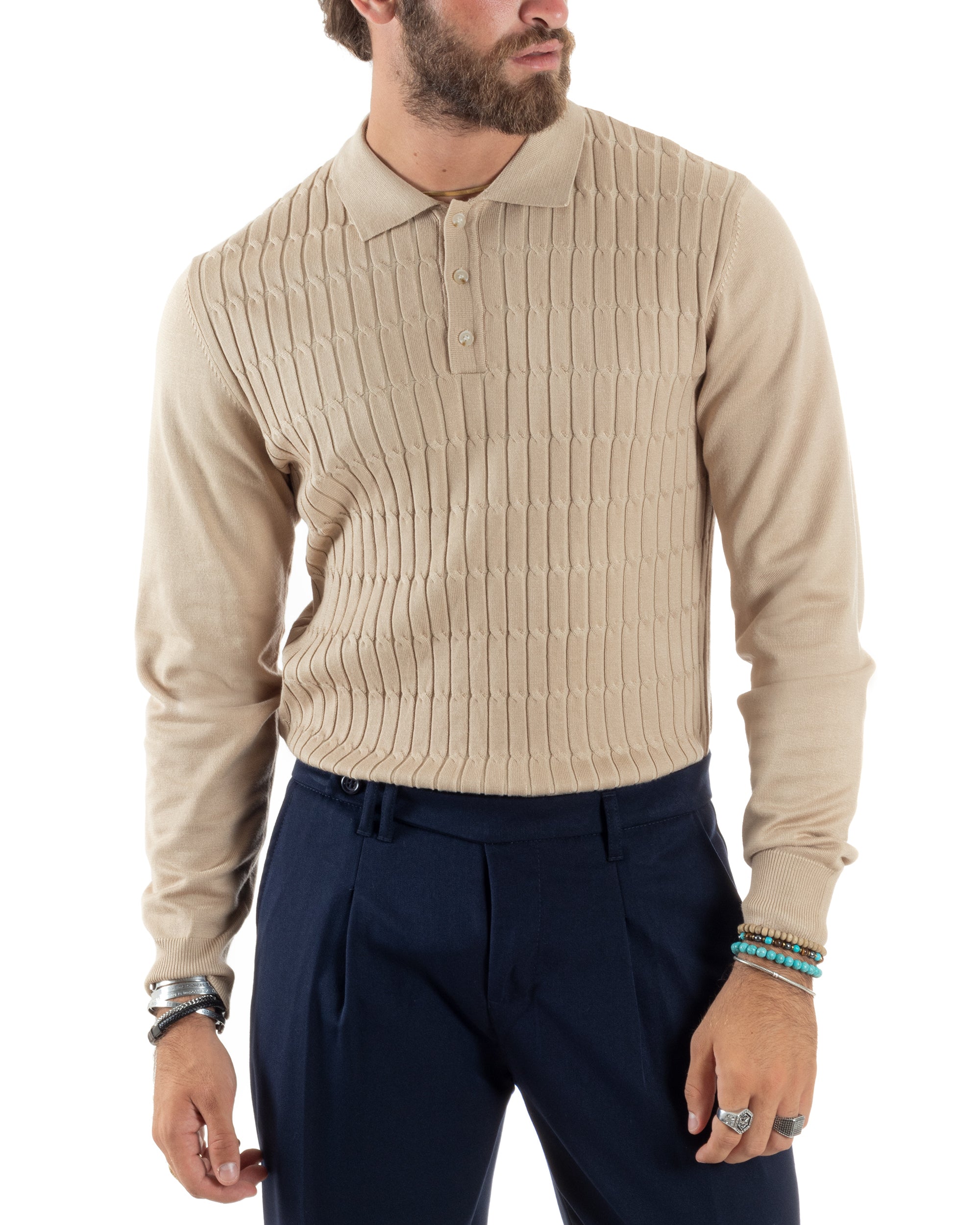 Maglia Uomo Con Colletto Polo Maglioncino Con Bottoncini Fantasia Trecce Beige GIOSAL-M2838A