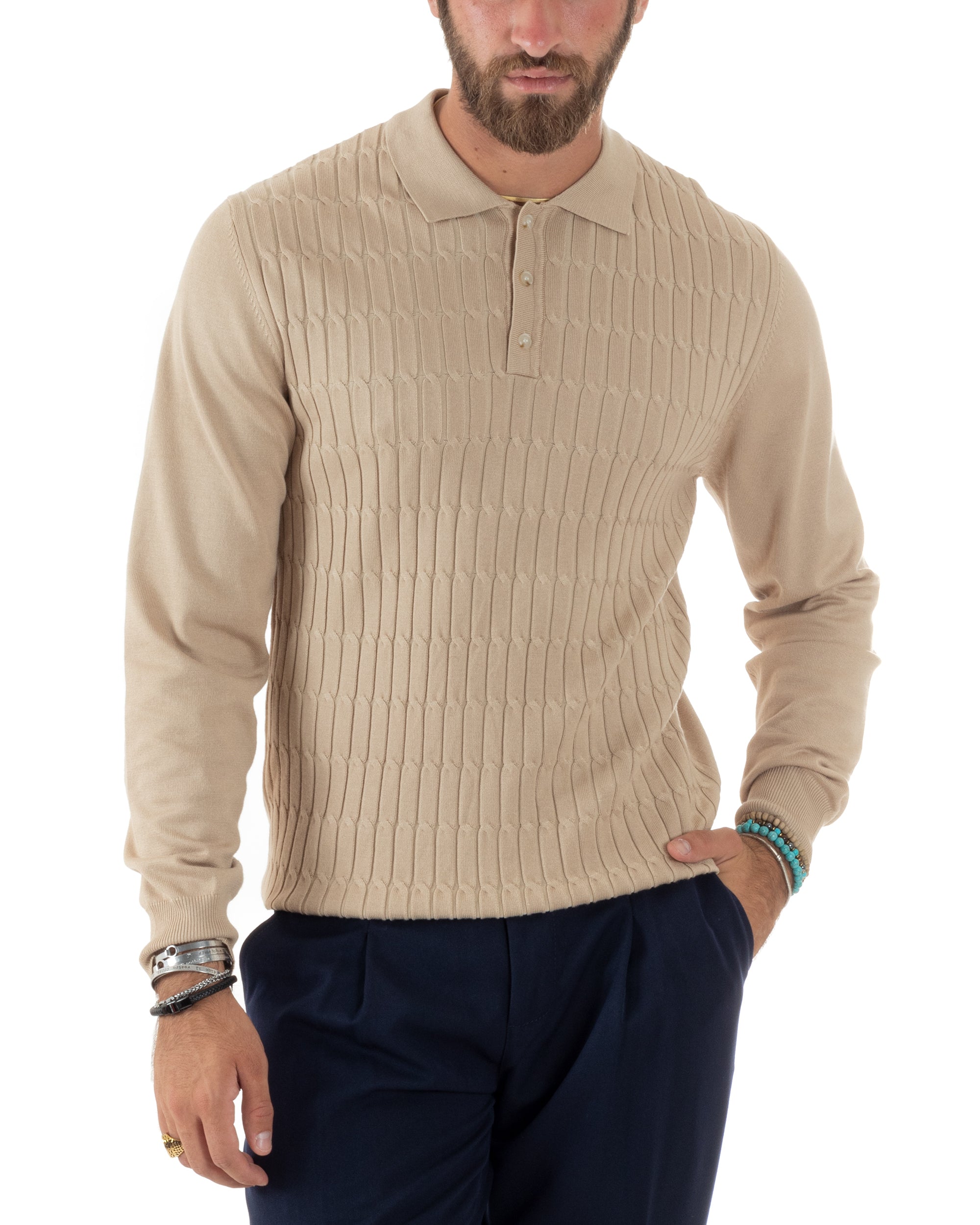 Maglia Uomo Con Colletto Polo Maglioncino Con Bottoncini Fantasia Trecce Beige GIOSAL-M2838A