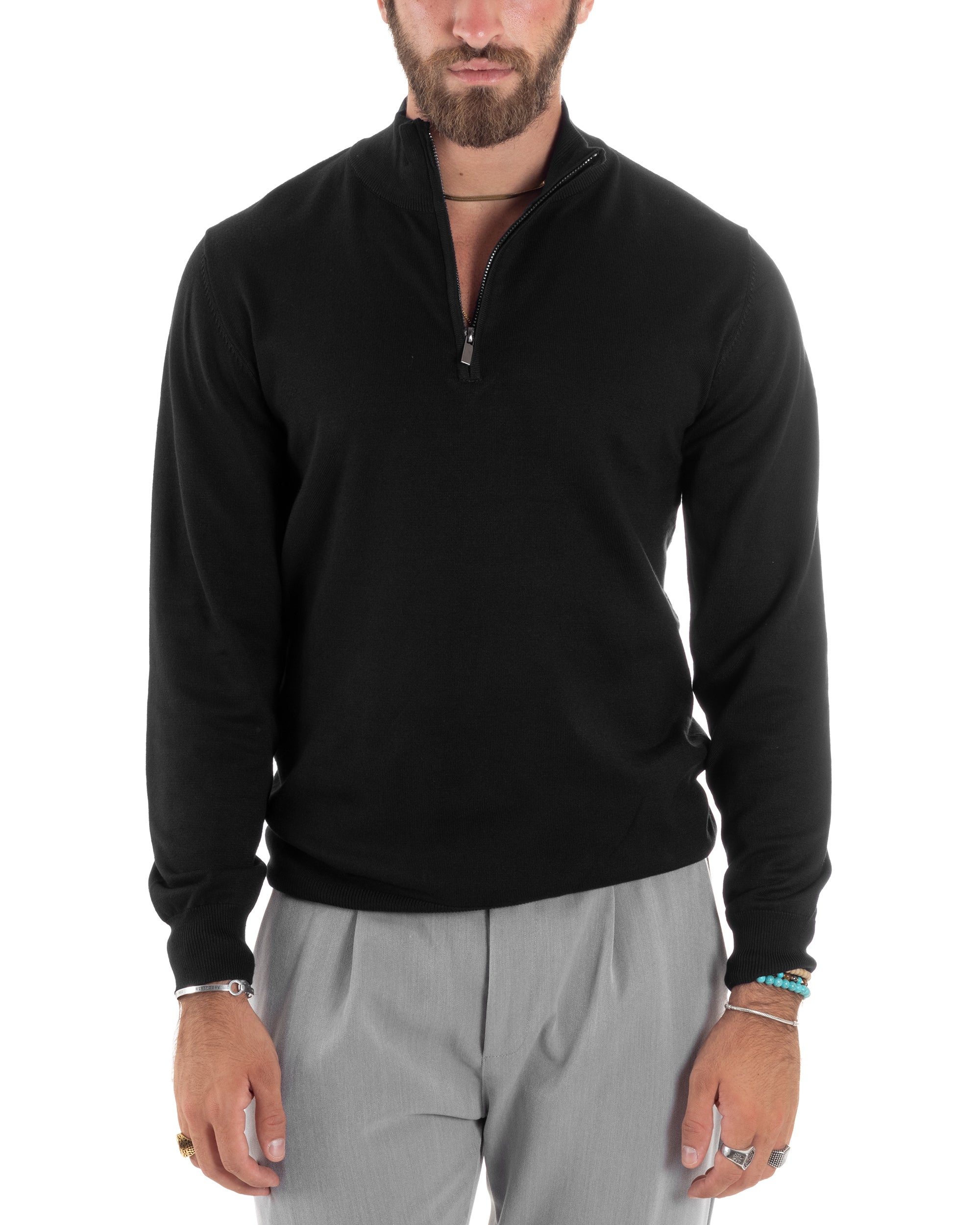 Maglioncino Uomo Maglia Maniche Lunghe Rasata Basic Pullover Mezza Zip Tinta Unita Nero GIOSAL-M2839A