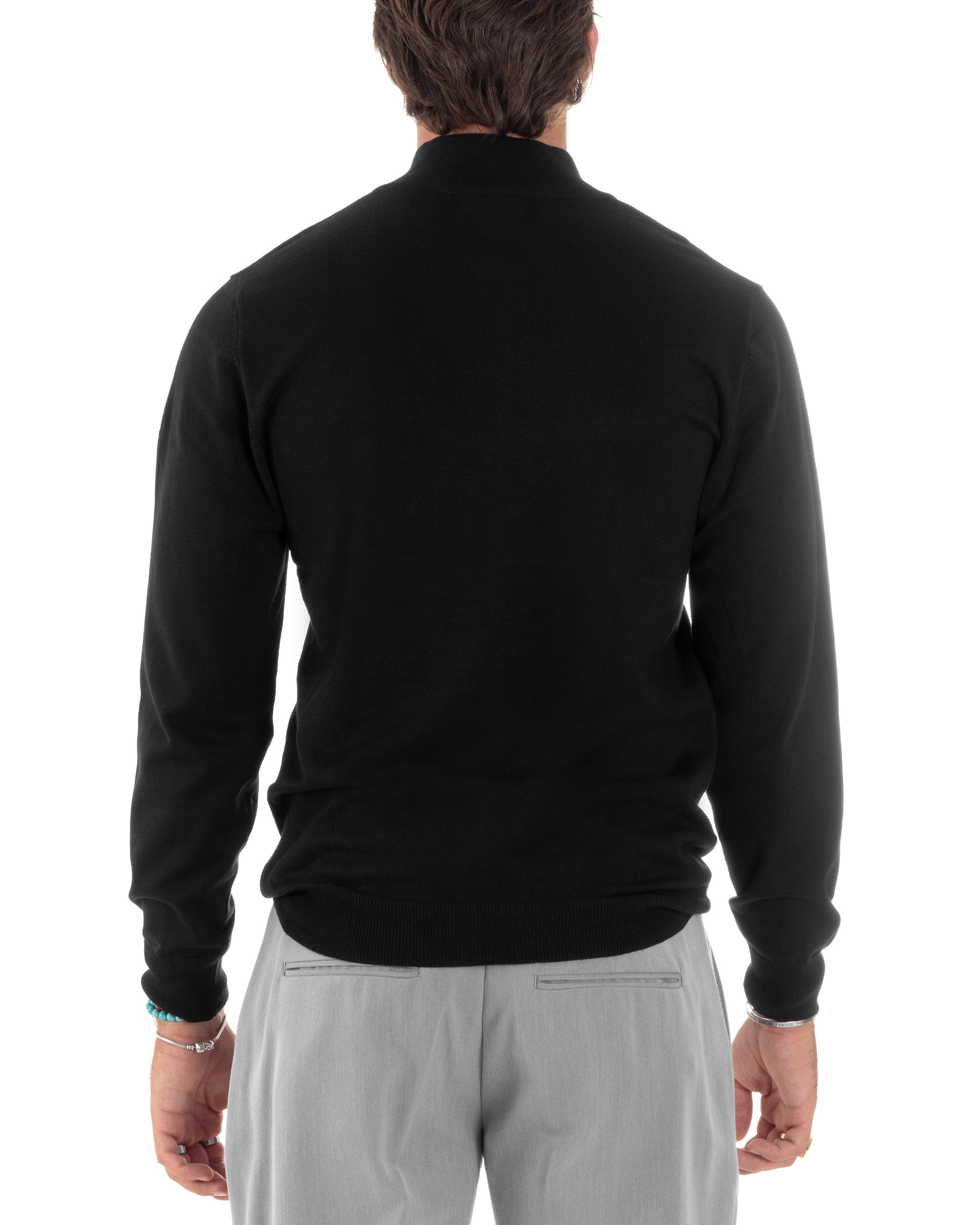 Maglioncino Uomo Maglia Maniche Lunghe Rasata Basic Pullover Mezza Zip Tinta Unita Nero GIOSAL-M2839A