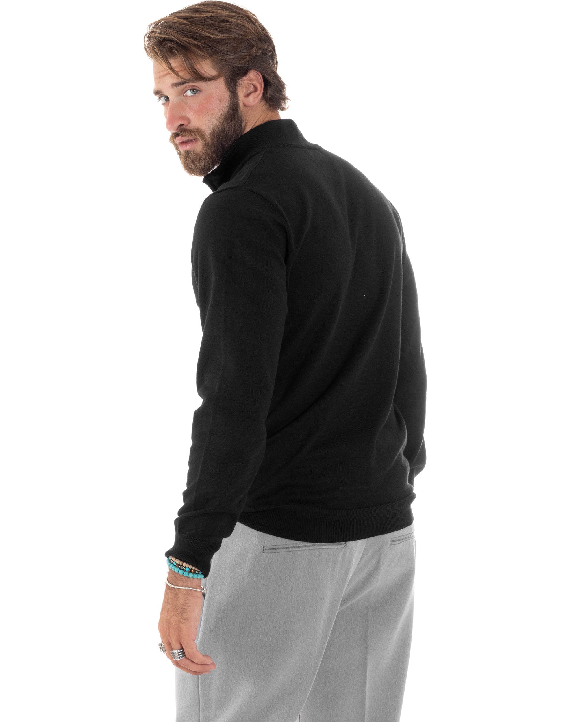 Maglioncino Uomo Maglia Maniche Lunghe Rasata Basic Pullover Mezza Zip Tinta Unita Nero GIOSAL-M2839A