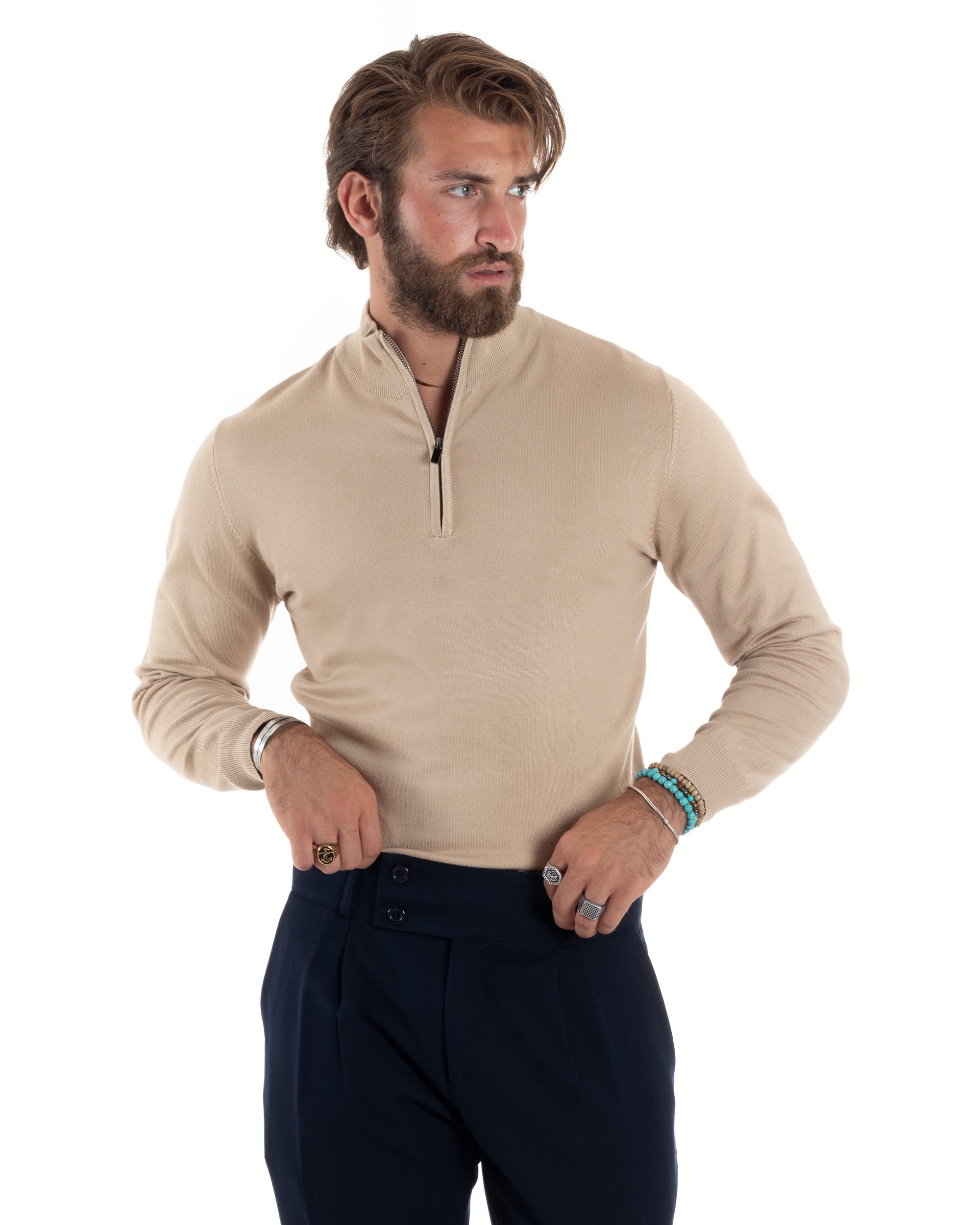 Maglioncino Uomo Maglia Maniche Lunghe Rasata Basic Pullover Mezza Zip Tinta Unita Beige GIOSAL-M2840A