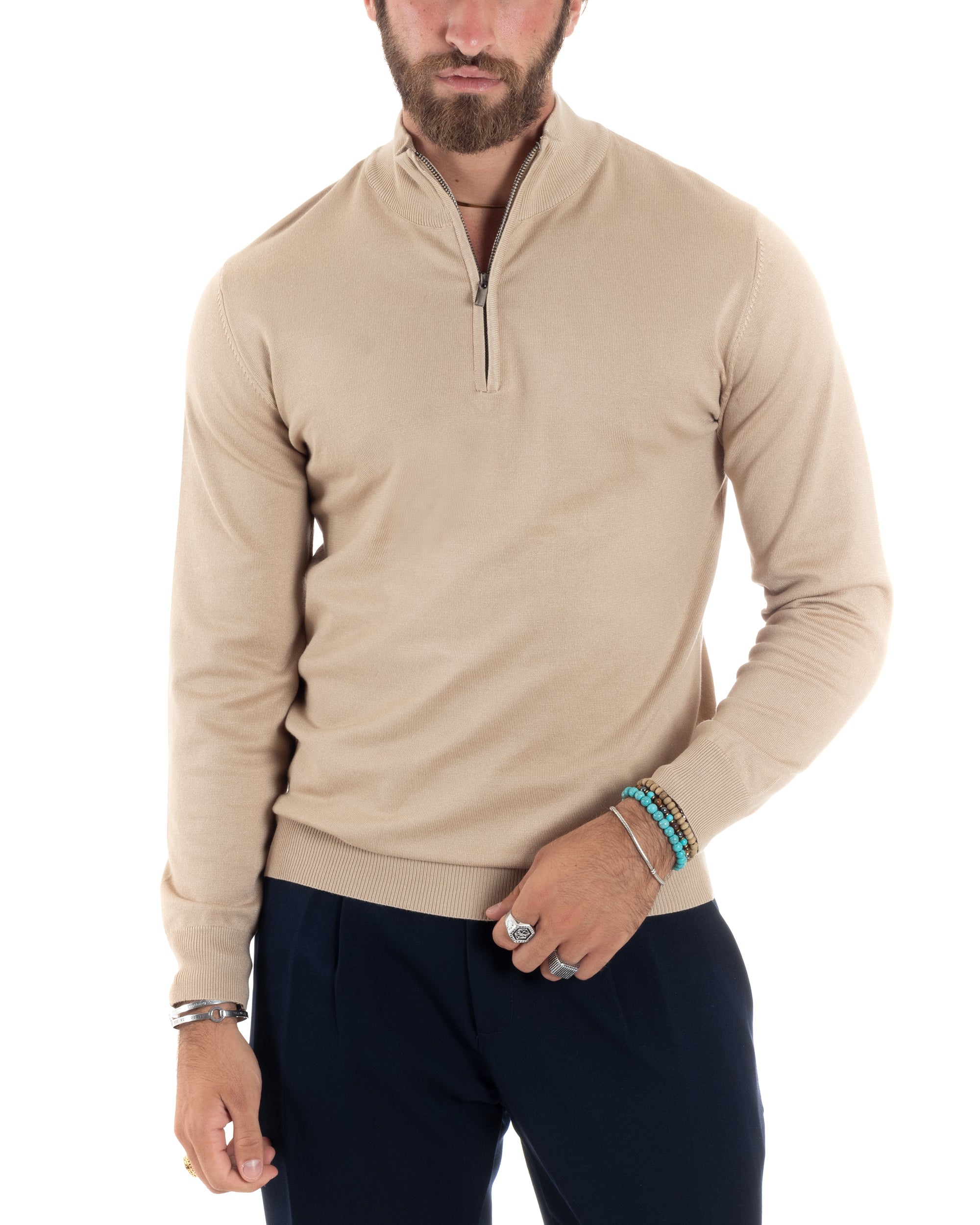 Maglioncino Uomo Maglia Maniche Lunghe Rasata Basic Pullover Mezza Zip Tinta Unita Beige GIOSAL-M2840A