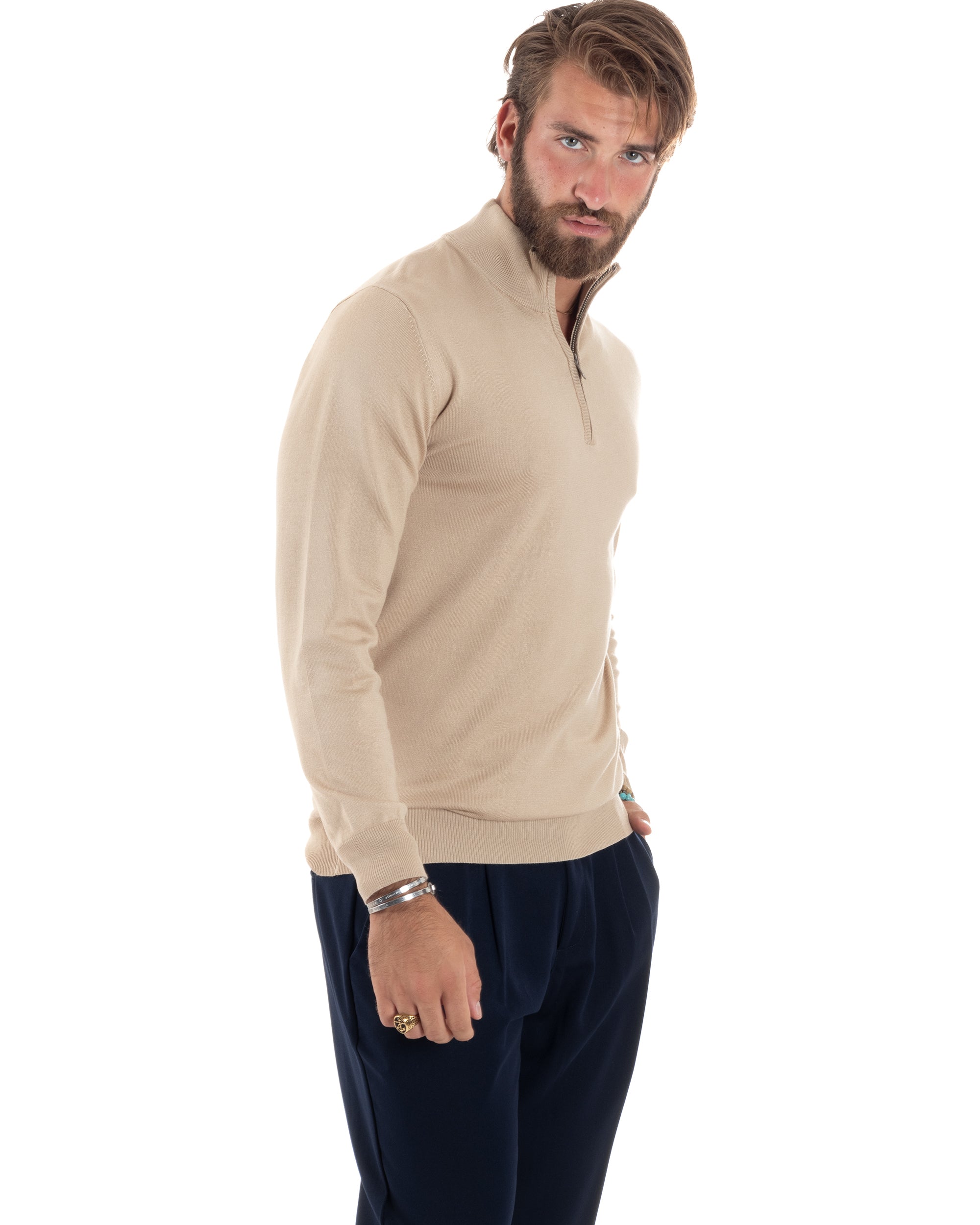 Maglioncino Uomo Maglia Maniche Lunghe Rasata Basic Pullover Mezza Zip Tinta Unita Beige GIOSAL-M2840A