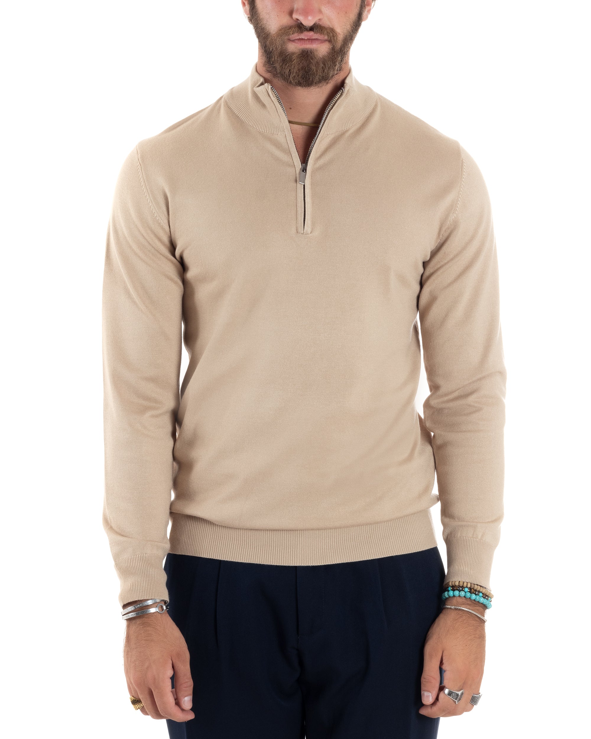 Maglioncino Uomo Maglia Maniche Lunghe Rasata Basic Pullover Mezza Zip Tinta Unita Beige GIOSAL-M2840A