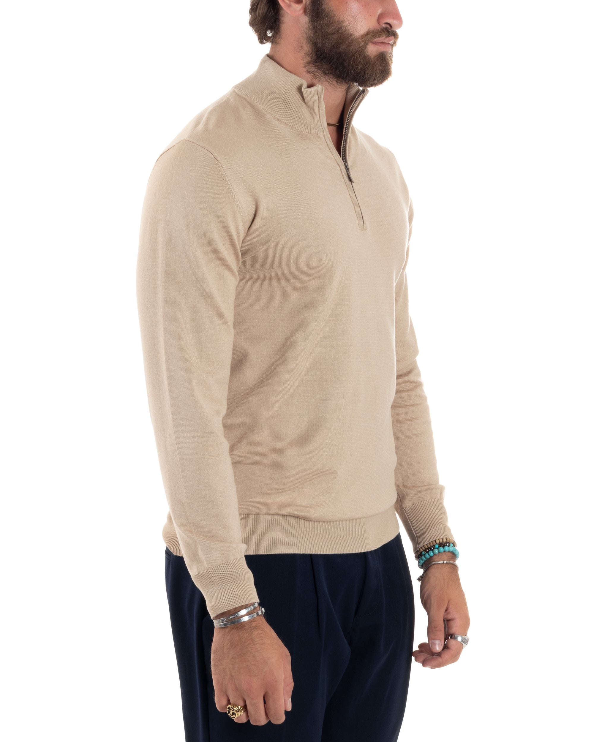 Maglioncino Uomo Maglia Maniche Lunghe Rasata Basic Pullover Mezza Zip Tinta Unita Beige GIOSAL-M2840A