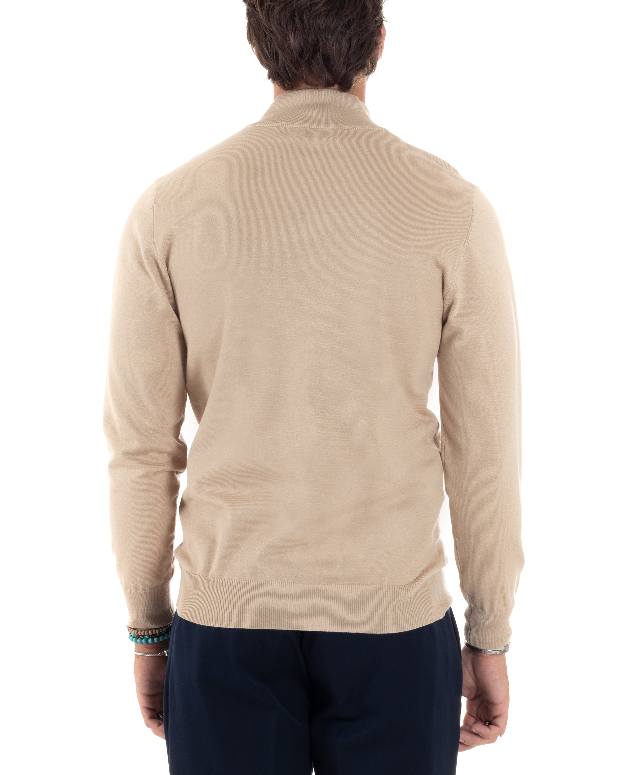 Maglioncino Uomo Maglia Maniche Lunghe Rasata Basic Pullover Mezza Zip Tinta Unita Beige GIOSAL-M2840A