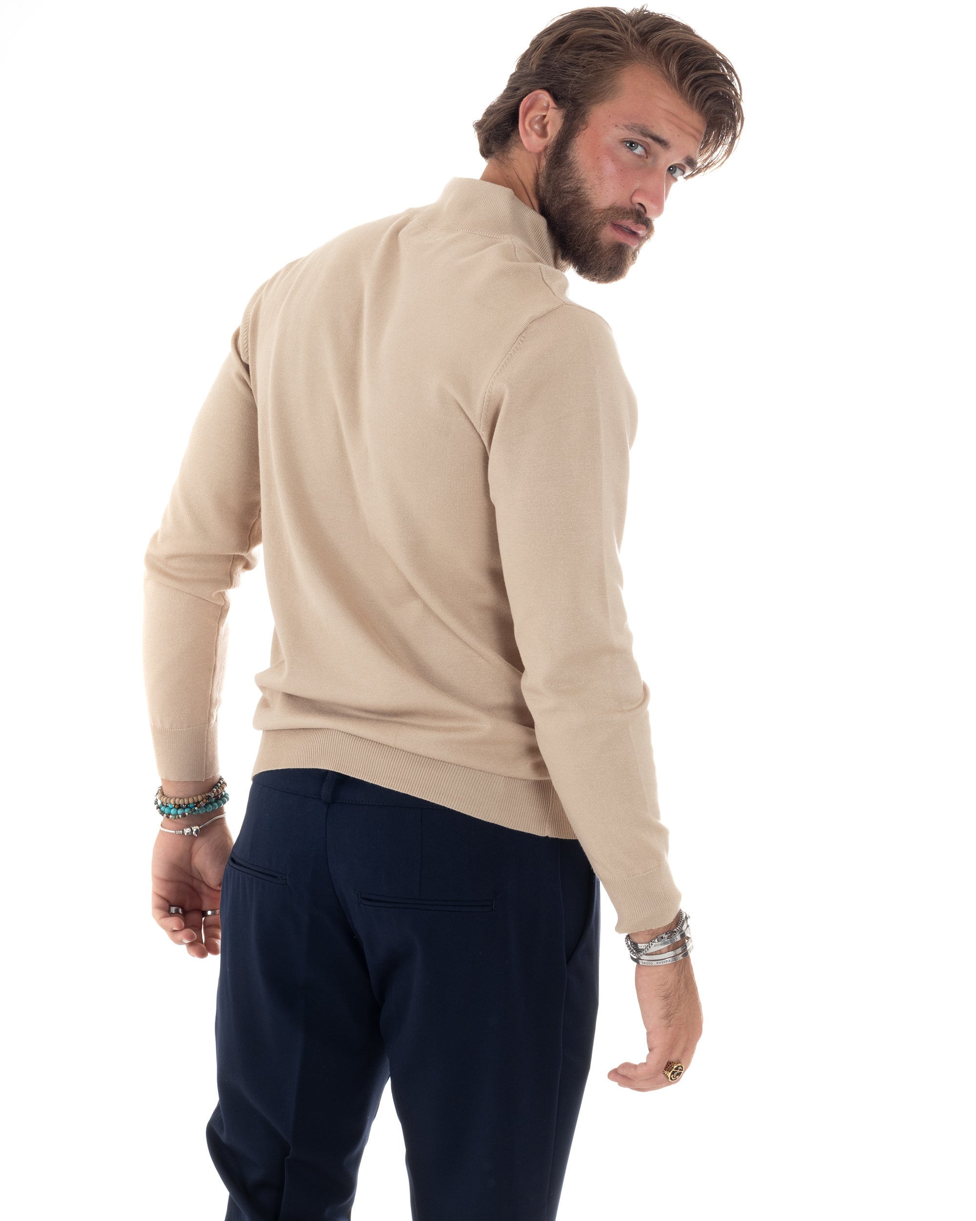 Maglioncino Uomo Maglia Maniche Lunghe Rasata Basic Pullover Mezza Zip Tinta Unita Beige GIOSAL-M2840A