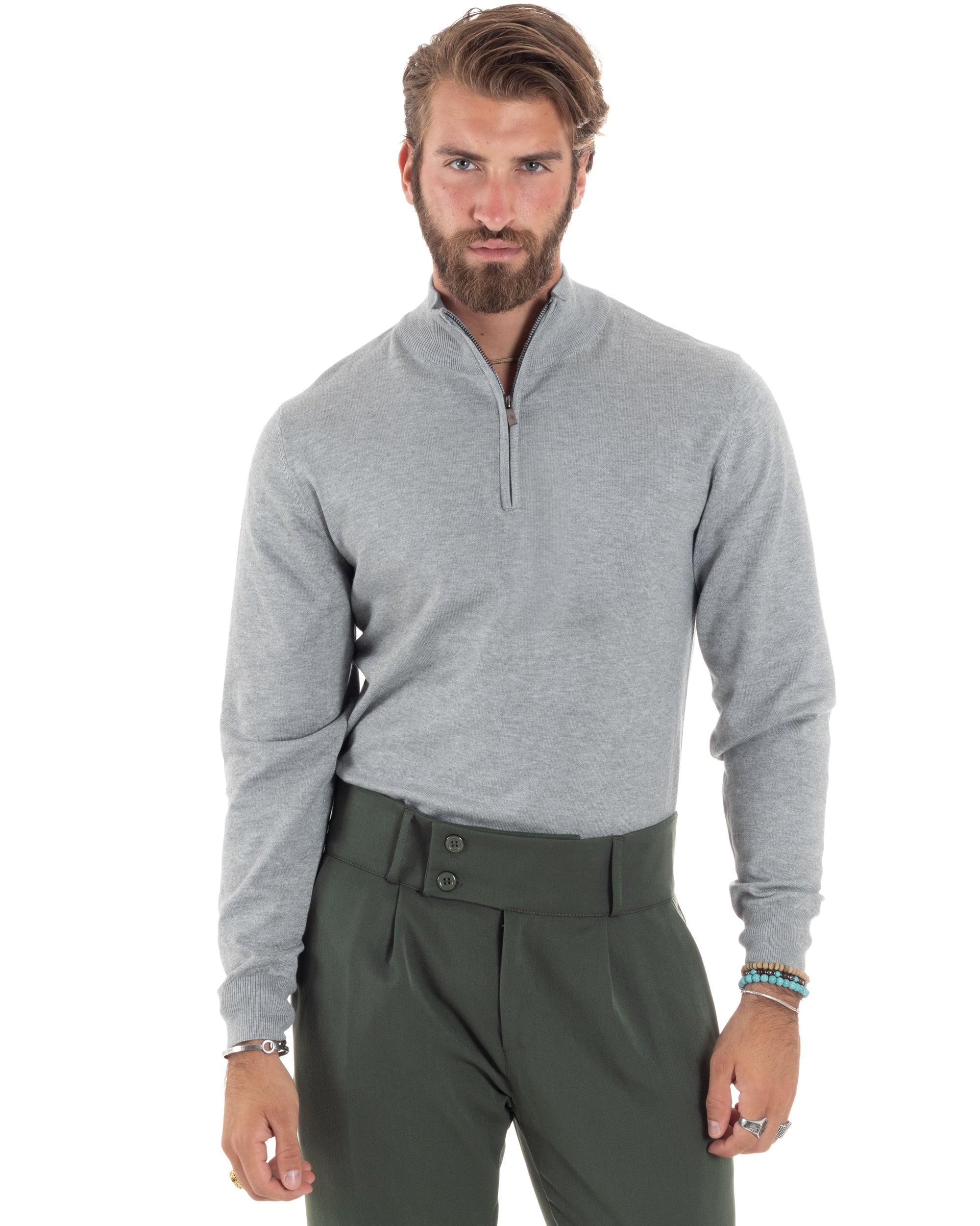 Maglioncino Uomo Maglia Maniche Lunghe Rasata Basic Pullover Mezza Zip Tinta Unita Grigio GIOSAL-M2841A