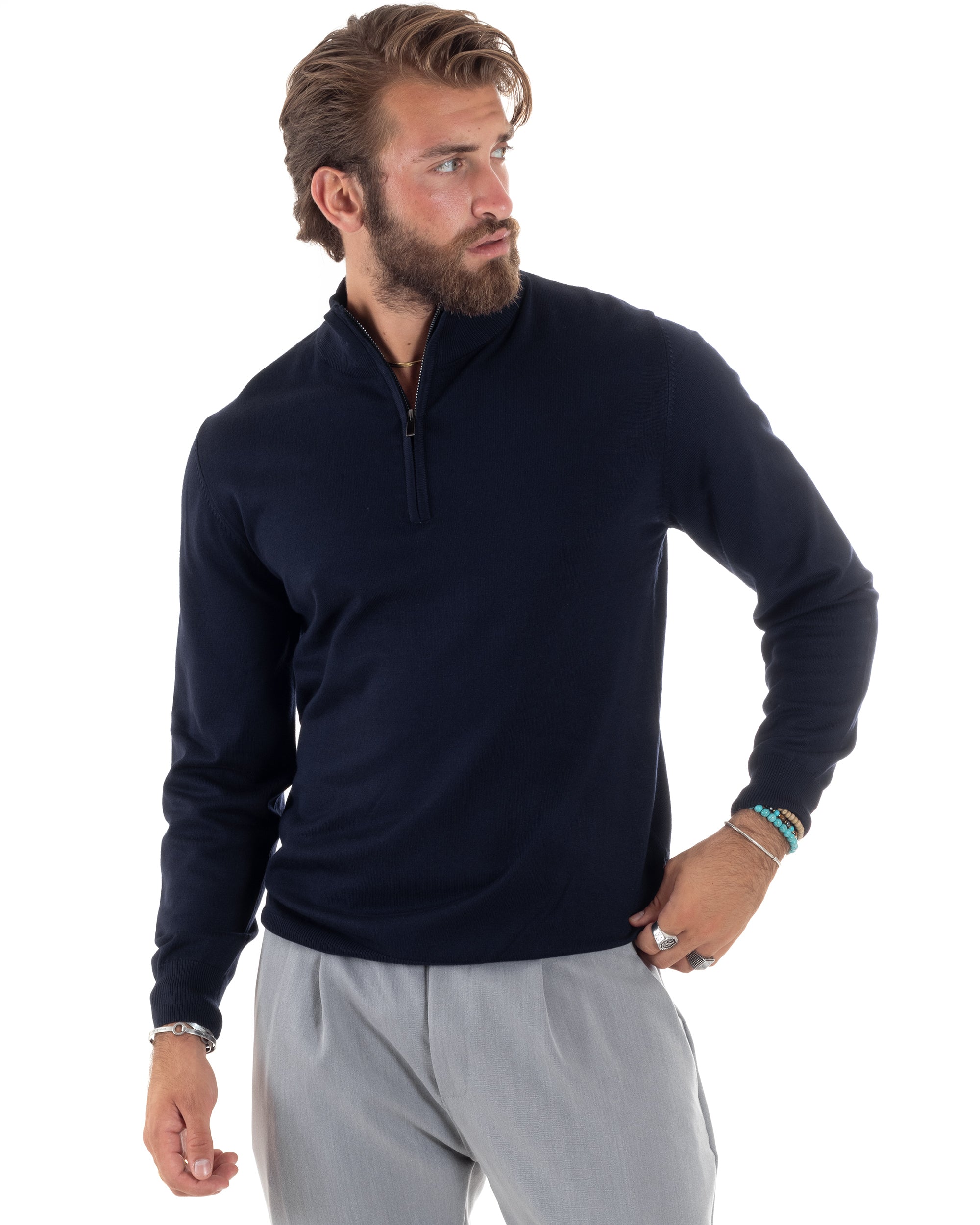 Maglioncino Uomo Maglia Maniche Lunghe Rasata Basic Pullover Mezza Zip Tinta Unita Blu GIOSAL-M2842A