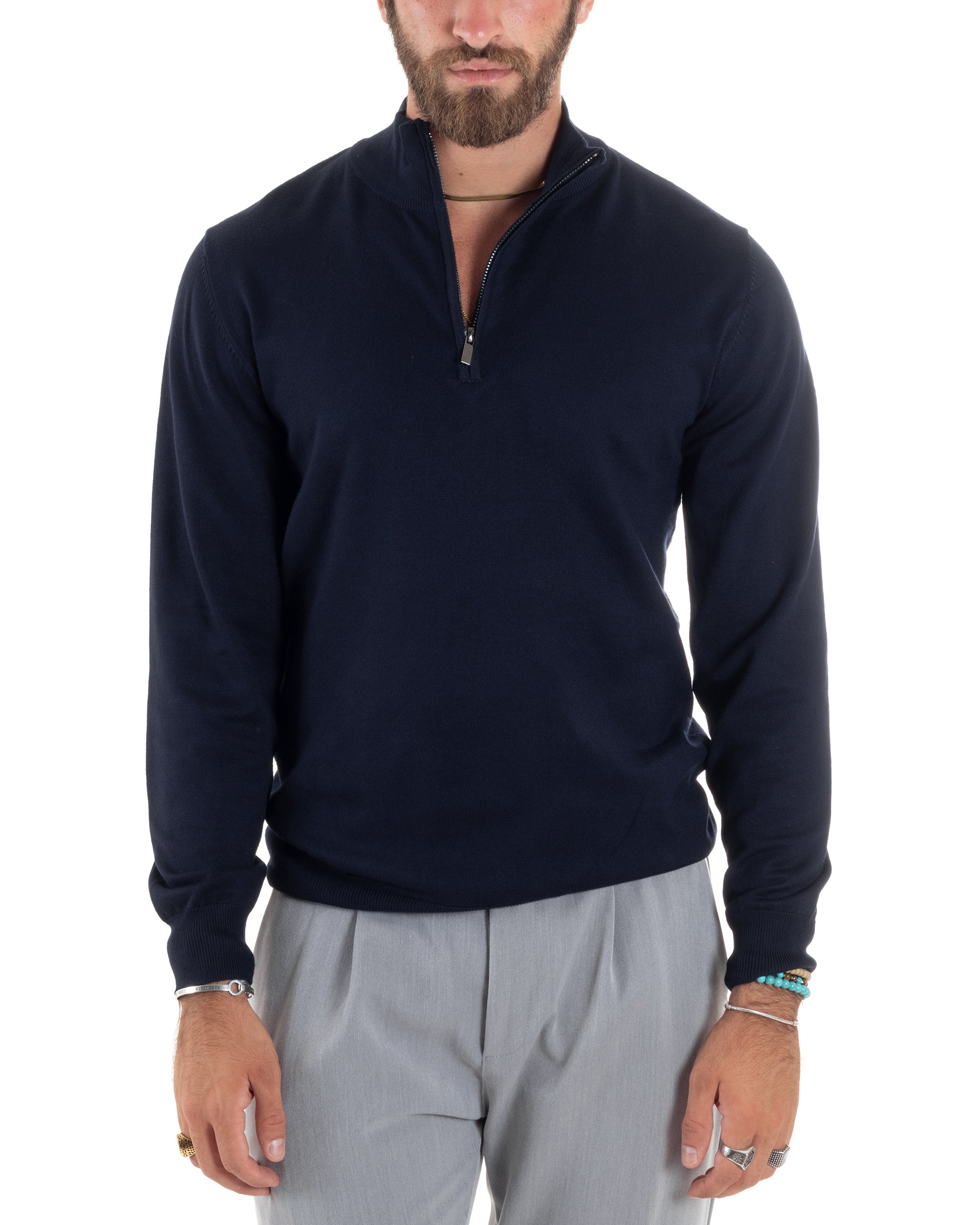 Maglioncino Uomo Maglia Maniche Lunghe Rasata Basic Pullover Mezza Zip Tinta Unita Blu GIOSAL-M2842A