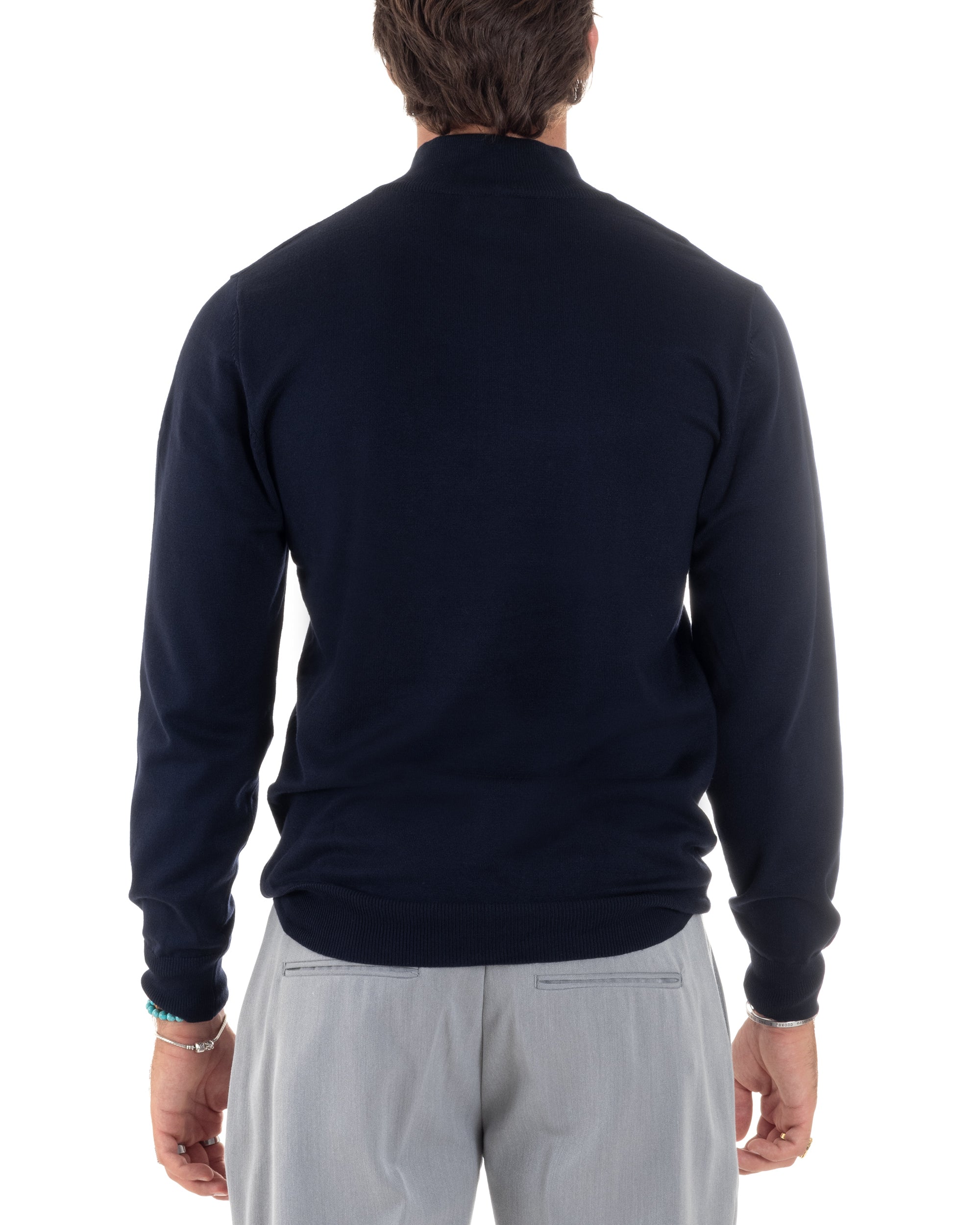 Maglioncino Uomo Maglia Maniche Lunghe Rasata Basic Pullover Mezza Zip Tinta Unita Blu GIOSAL-M2842A