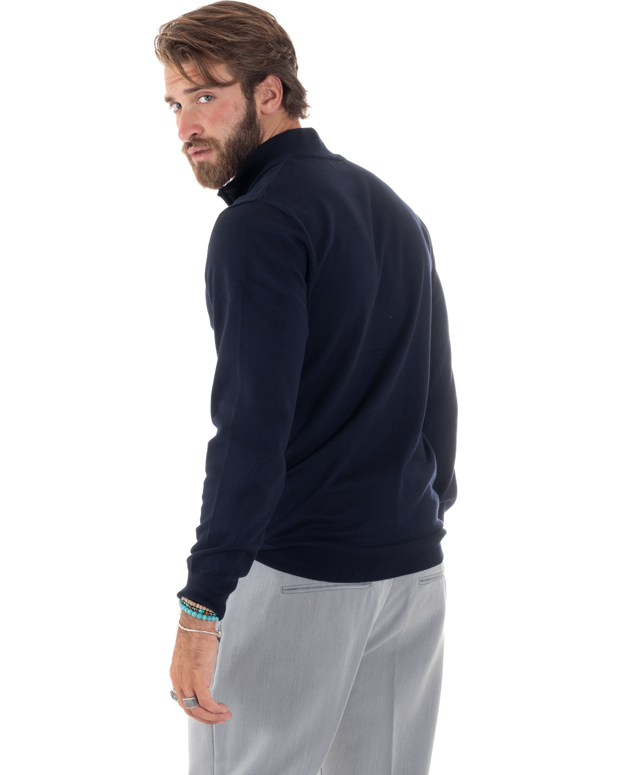 Maglioncino Uomo Maglia Maniche Lunghe Rasata Basic Pullover Mezza Zip Tinta Unita Blu GIOSAL-M2842A