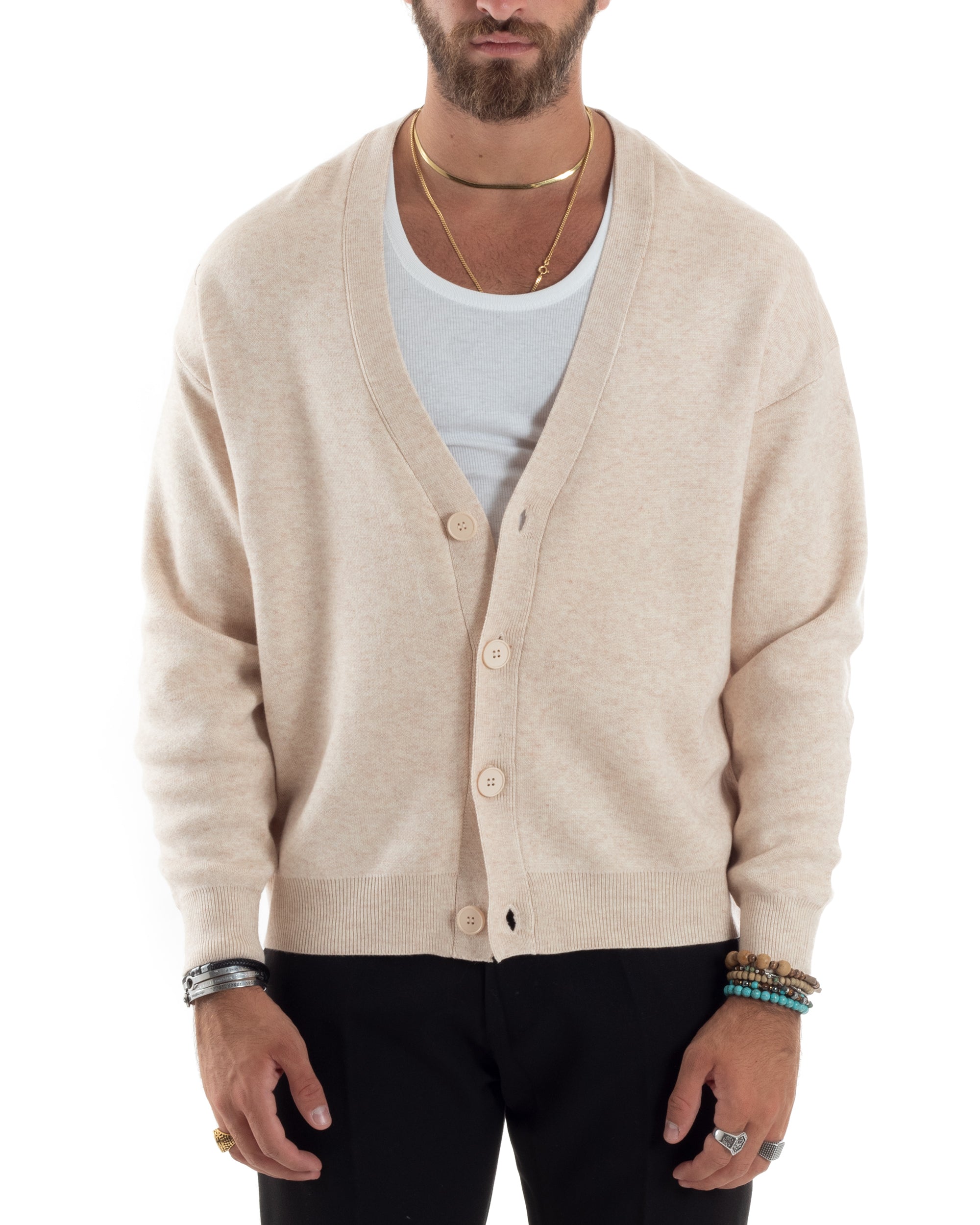 Cardigan Uomo Scollo V Maglia Cropped Maglioncino Boxy Fit Giacca Lana Con Bottoni Casual Beige GIOSAL-M2843A