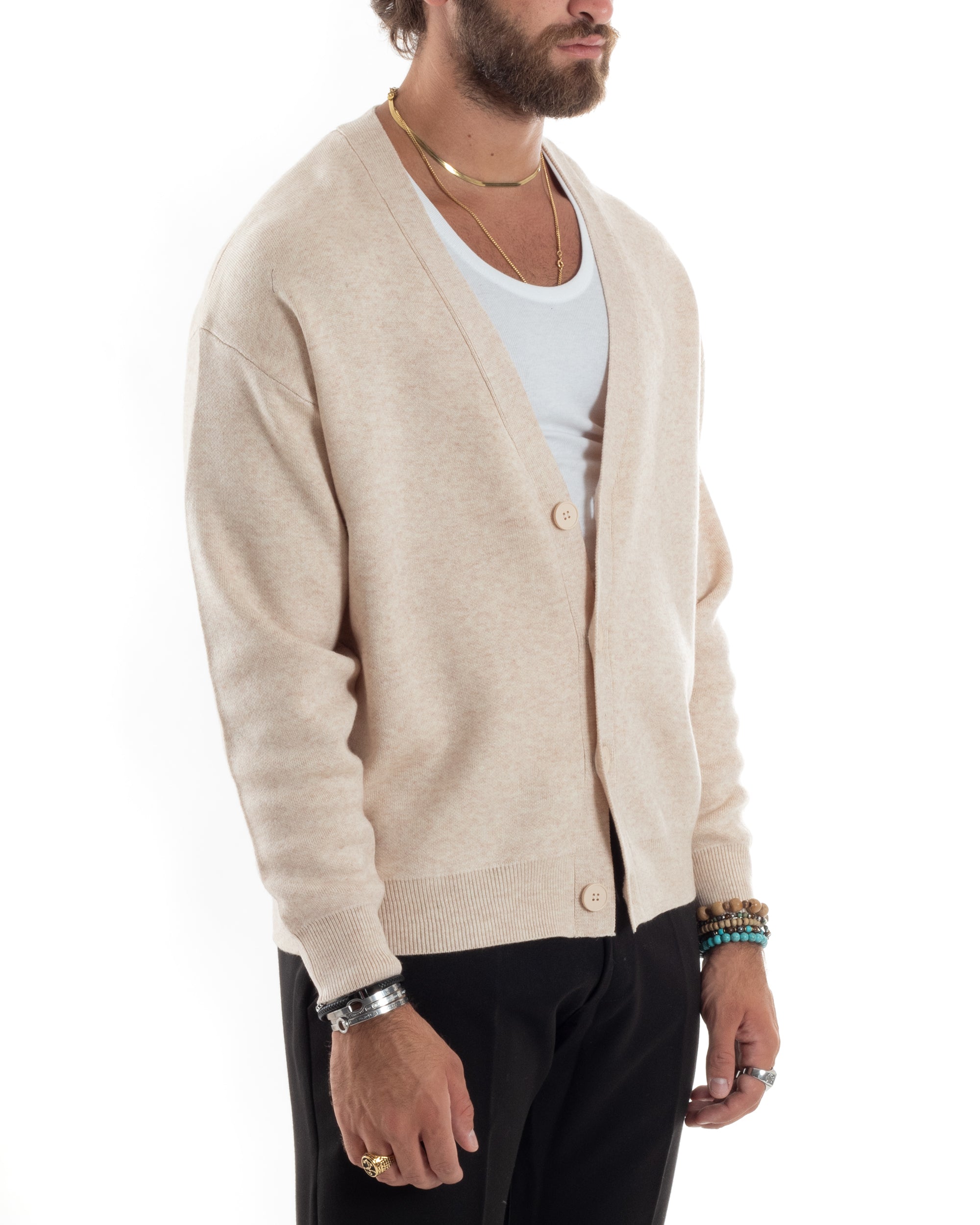 Cardigan Uomo Scollo V Maglia Cropped Maglioncino Boxy Fit Giacca Lana Con Bottoni Casual Beige GIOSAL-M2843A