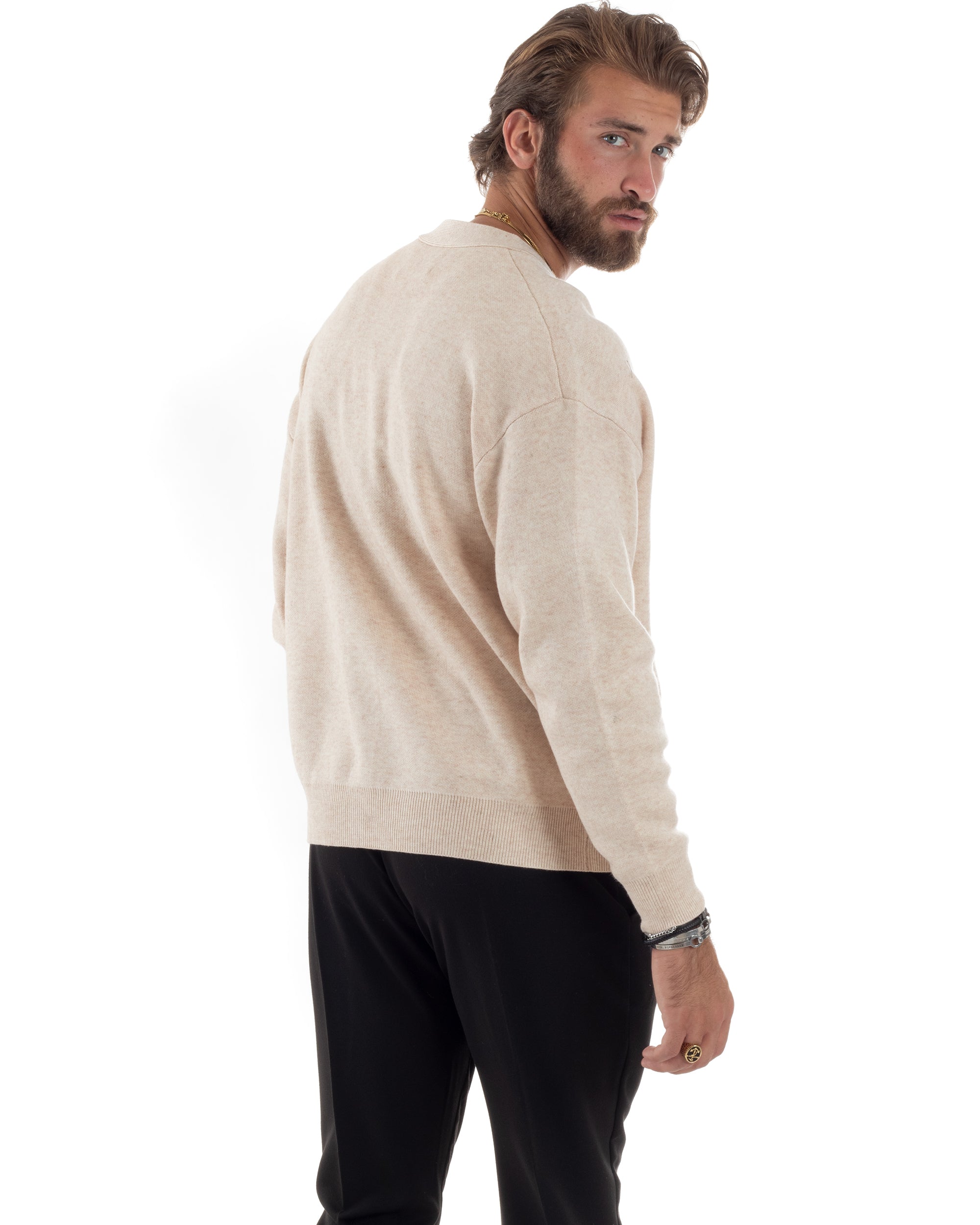 Cardigan Uomo Scollo V Maglia Cropped Maglioncino Boxy Fit Giacca Lana Con Bottoni Casual Beige GIOSAL-M2843A