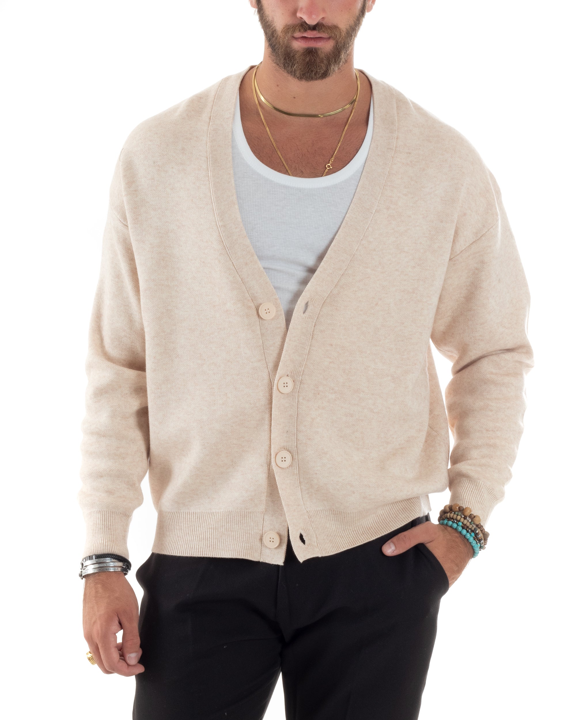 Cardigan Uomo Scollo V Maglia Cropped Maglioncino Boxy Fit Giacca Lana Con Bottoni Casual Beige GIOSAL-M2843A