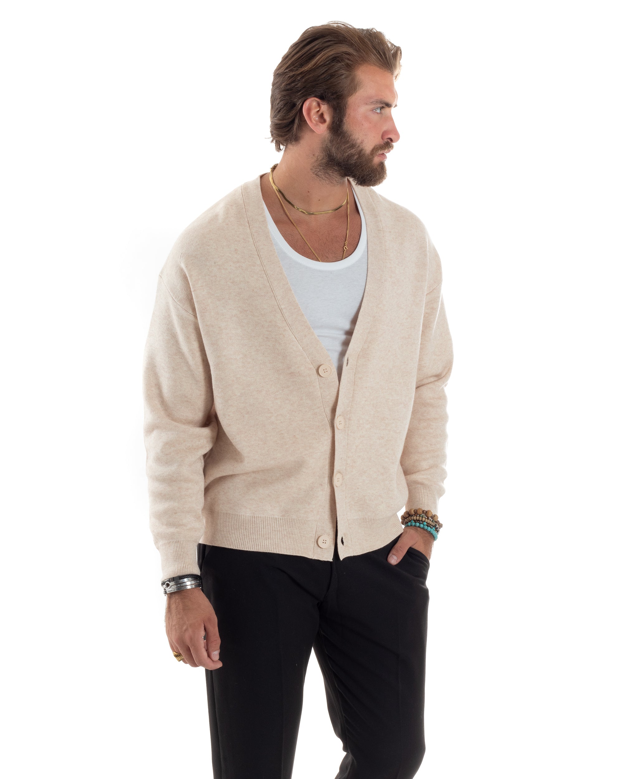 Cardigan Uomo Scollo V Maglia Cropped Maglioncino Boxy Fit Giacca Lana Con Bottoni Casual Beige GIOSAL-M2843A