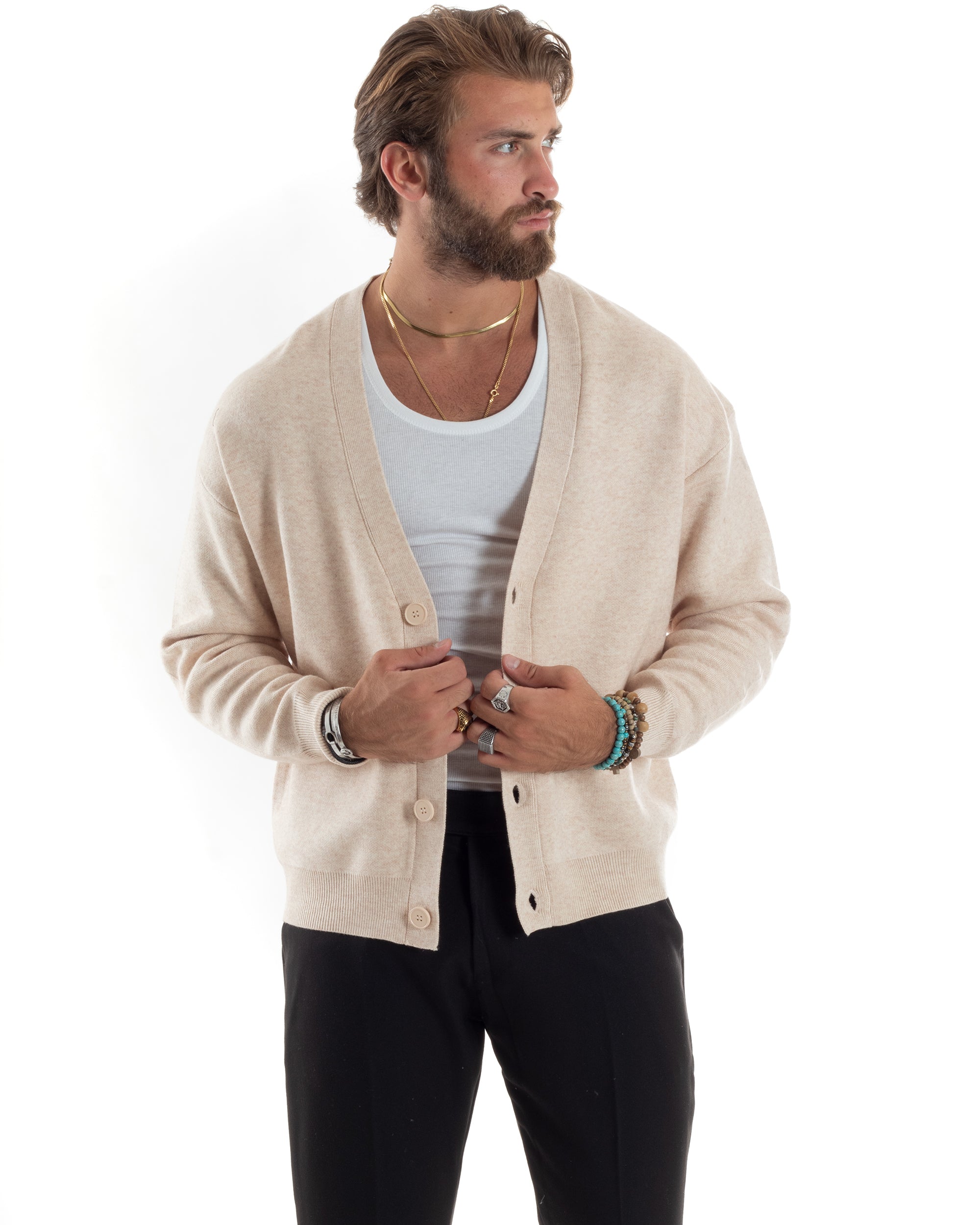 Cardigan Uomo Scollo V Maglia Cropped Maglioncino Boxy Fit Giacca Lana Con Bottoni Casual Beige GIOSAL-M2843A