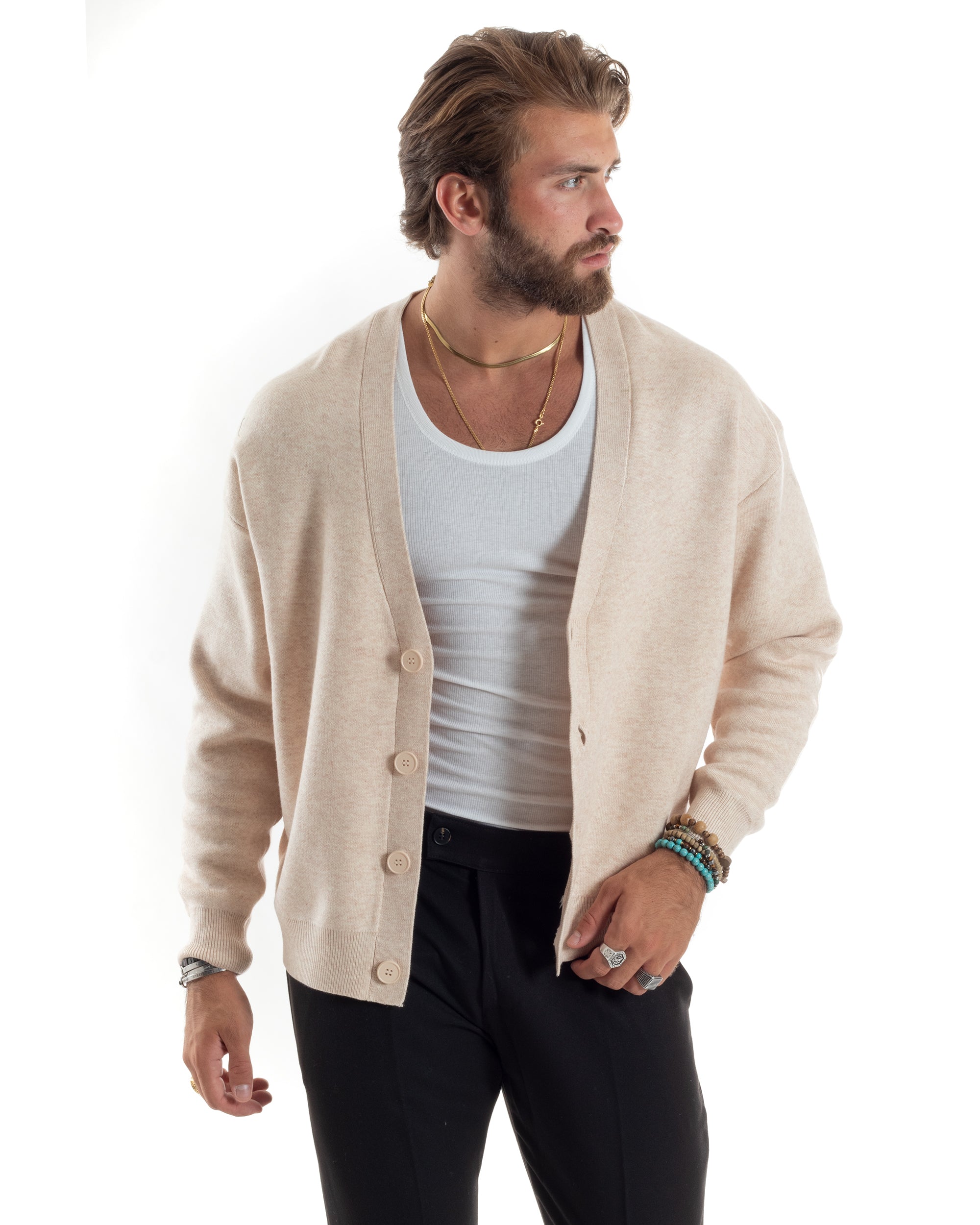 Cardigan Uomo Scollo V Maglia Cropped Maglioncino Boxy Fit Giacca Lana Con Bottoni Casual Beige GIOSAL-M2843A