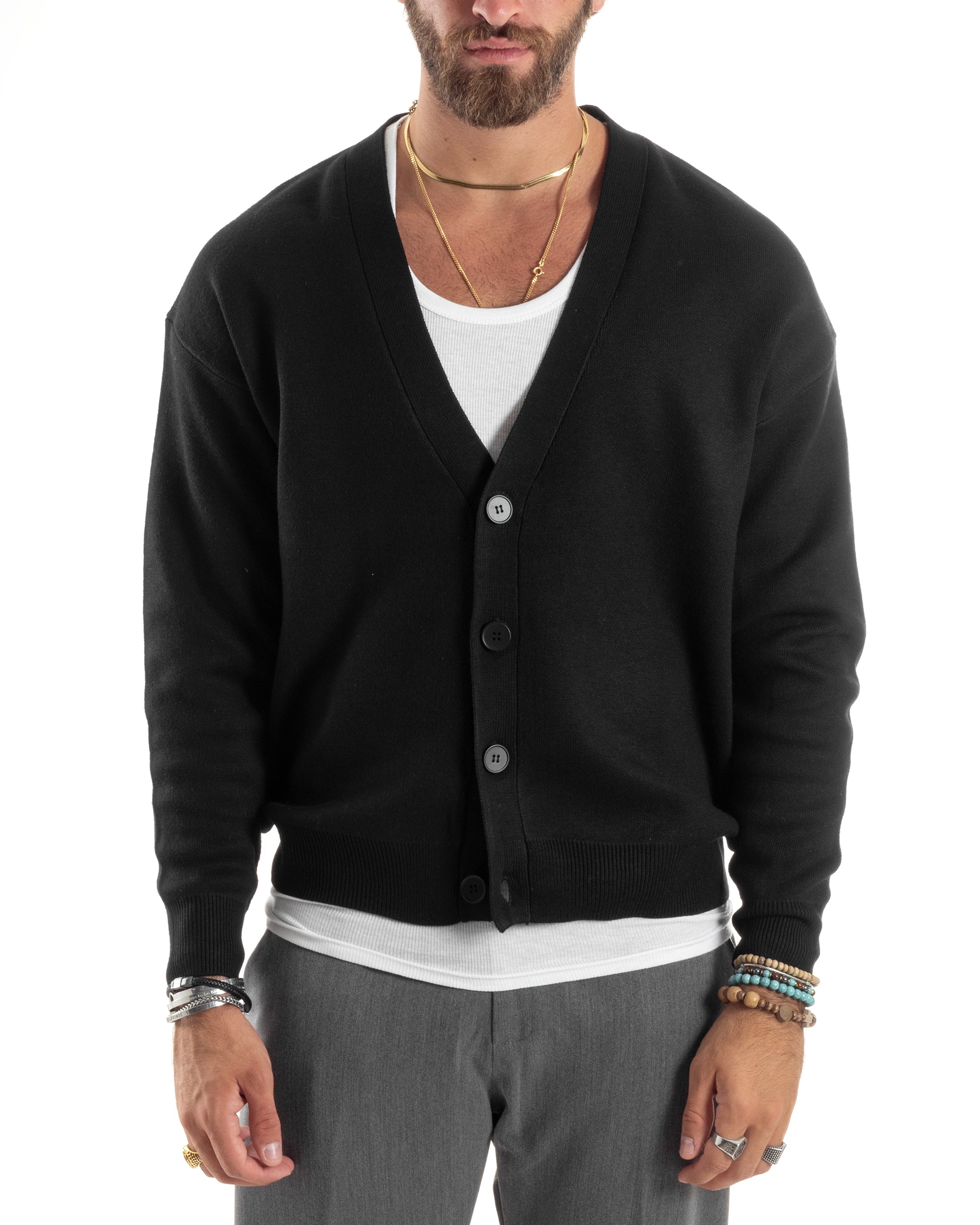 Cardigan Uomo Scollo V Maglia Cropped Maglioncino Boxy Fit Giacca Lana Con Bottoni Casual Nero GIOSAL-M2844A