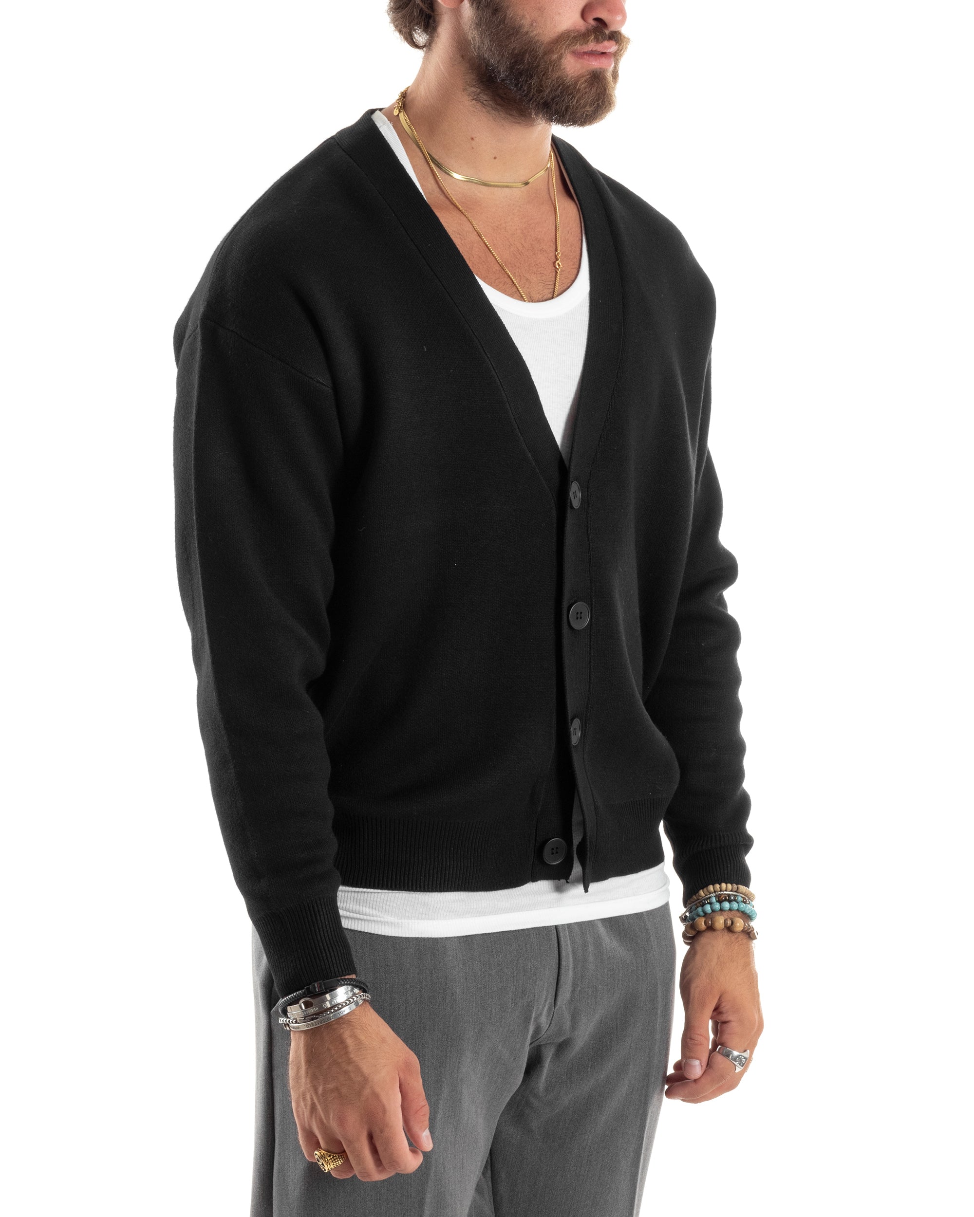 Cardigan Uomo Scollo V Maglia Cropped Maglioncino Boxy Fit Giacca Lana Con Bottoni Casual Nero GIOSAL-M2844A