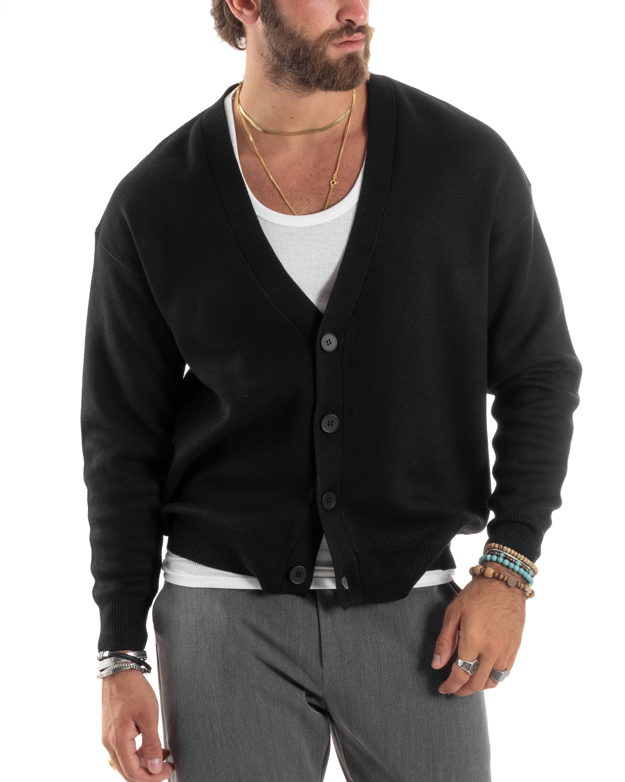 Cardigan Uomo Scollo V Maglia Cropped Maglioncino Boxy Fit Giacca Lana Con Bottoni Casual Nero GIOSAL-M2844A