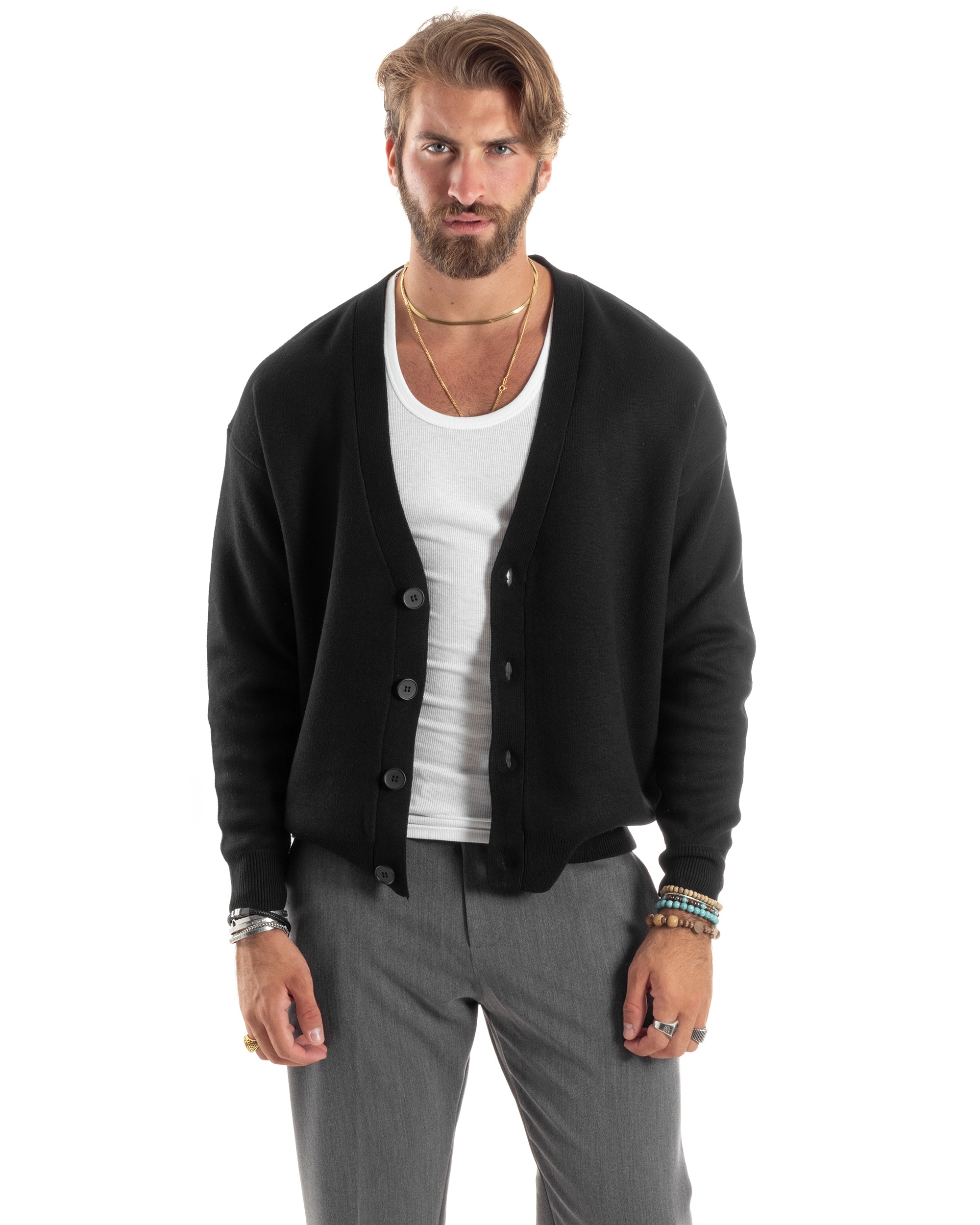 Cardigan Uomo Scollo V Maglia Cropped Maglioncino Boxy Fit Giacca Lana Con Bottoni Casual Nero GIOSAL-M2844A